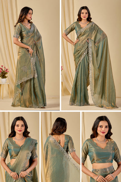 SHLOKA Chiffon Mirror Work Saree - Light Mehendi