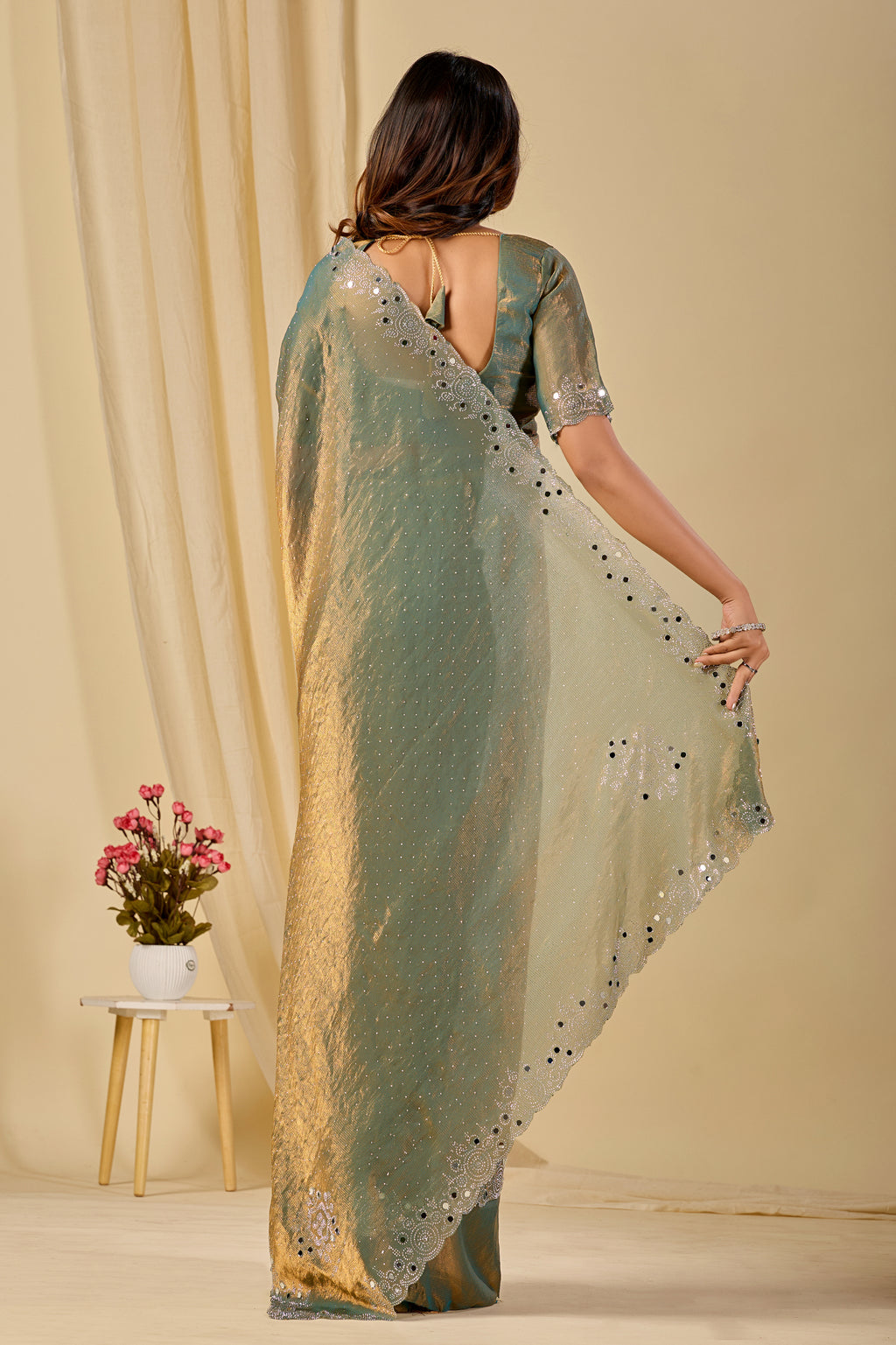 SHLOKA Chiffon Mirror Work Saree - Light Mehendi