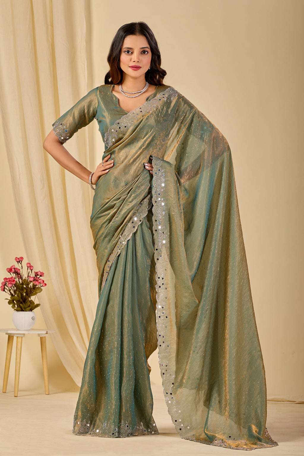 SHLOKA Chiffon Mirror Work Saree - Light Mehendi