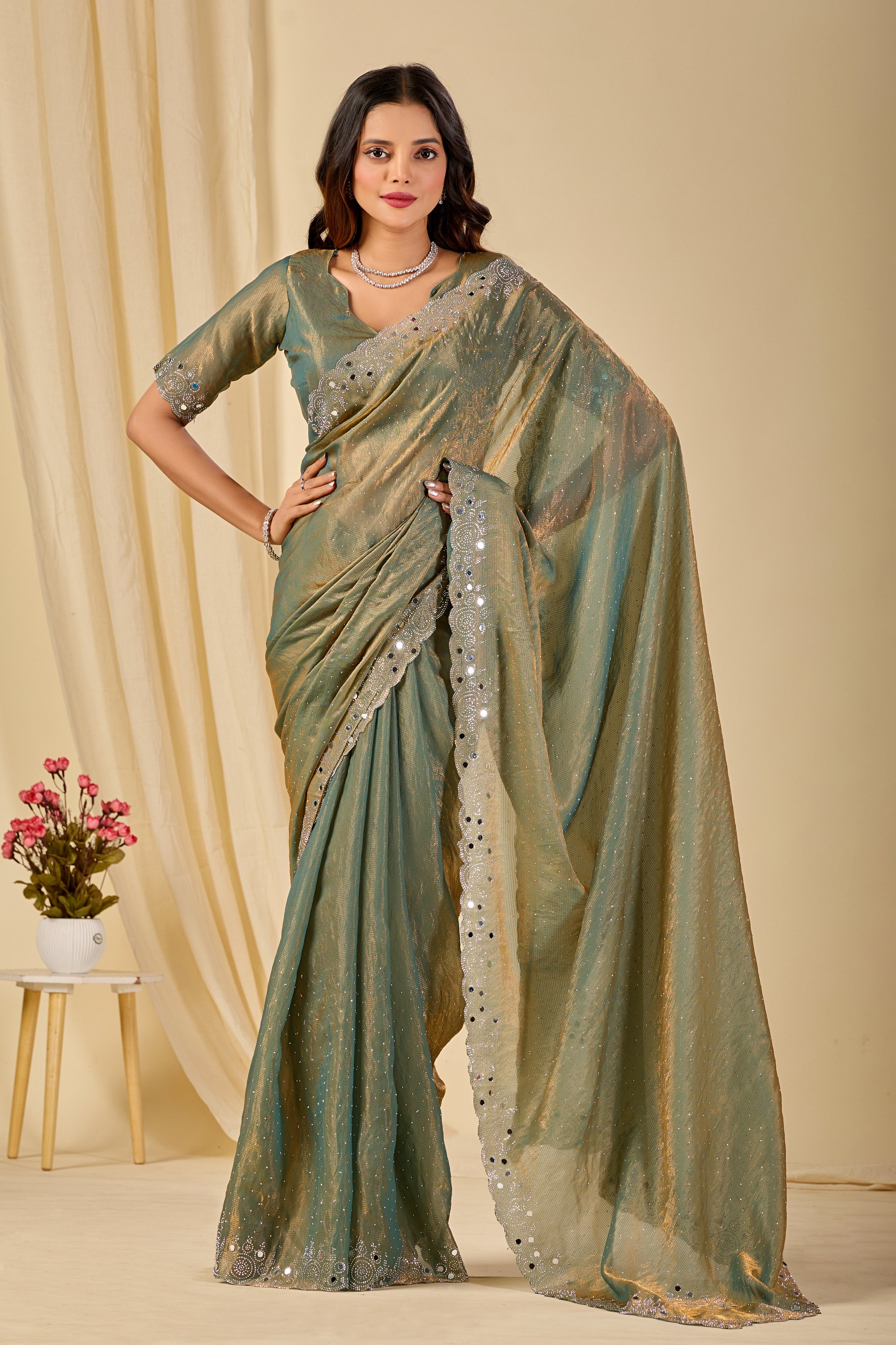 SHLOKA Chiffon Mirror Work Saree - Light Mehendi