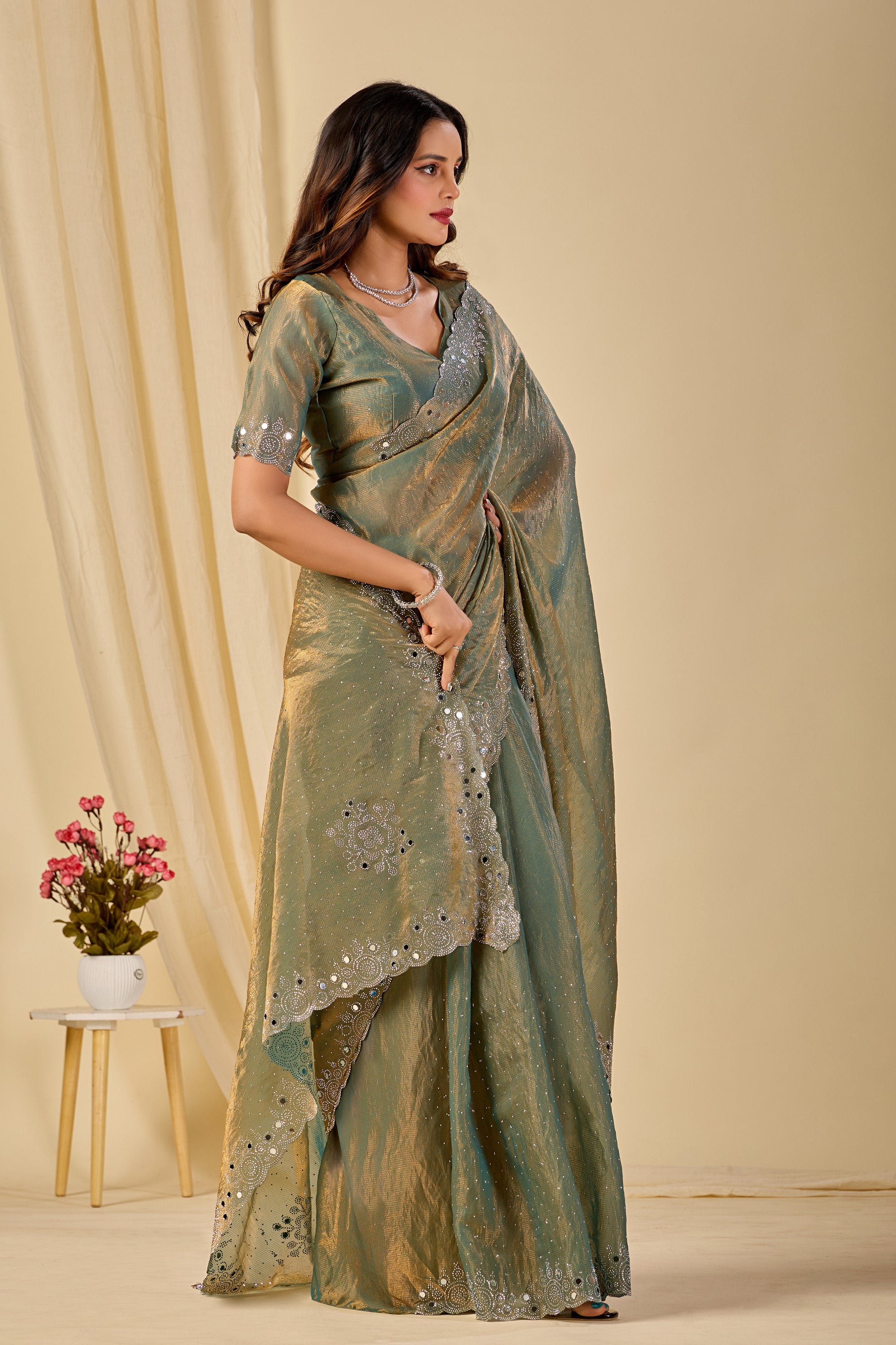 SHLOKA Chiffon Mirror Work Saree - Light Mehendi