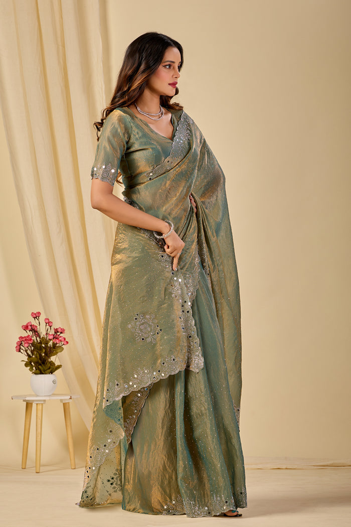 SHLOKA Chiffon Mirror Work Saree - Light Mehendi