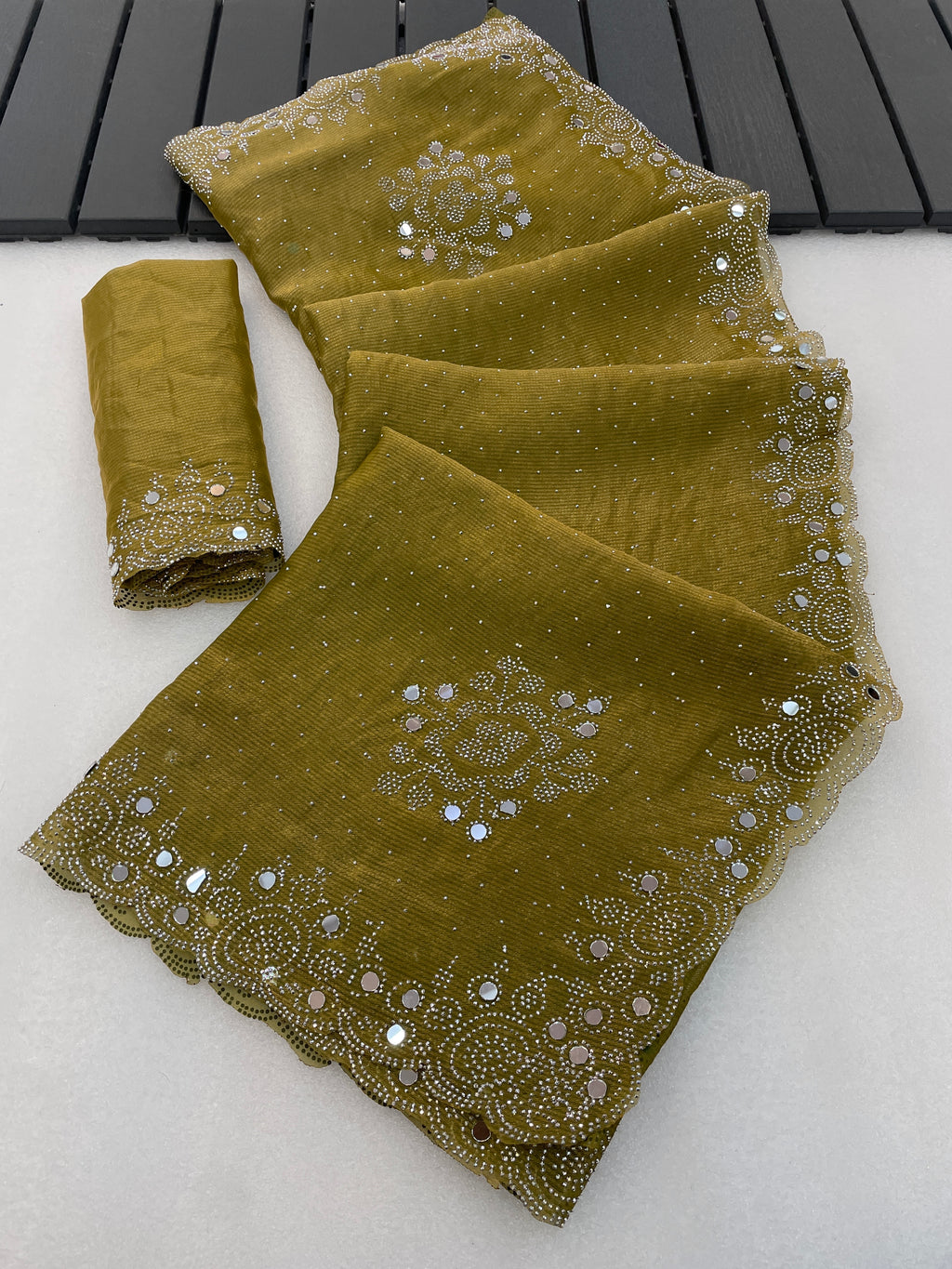 SHLOKA Chiffon Mirror Work Saree - Light Mustard