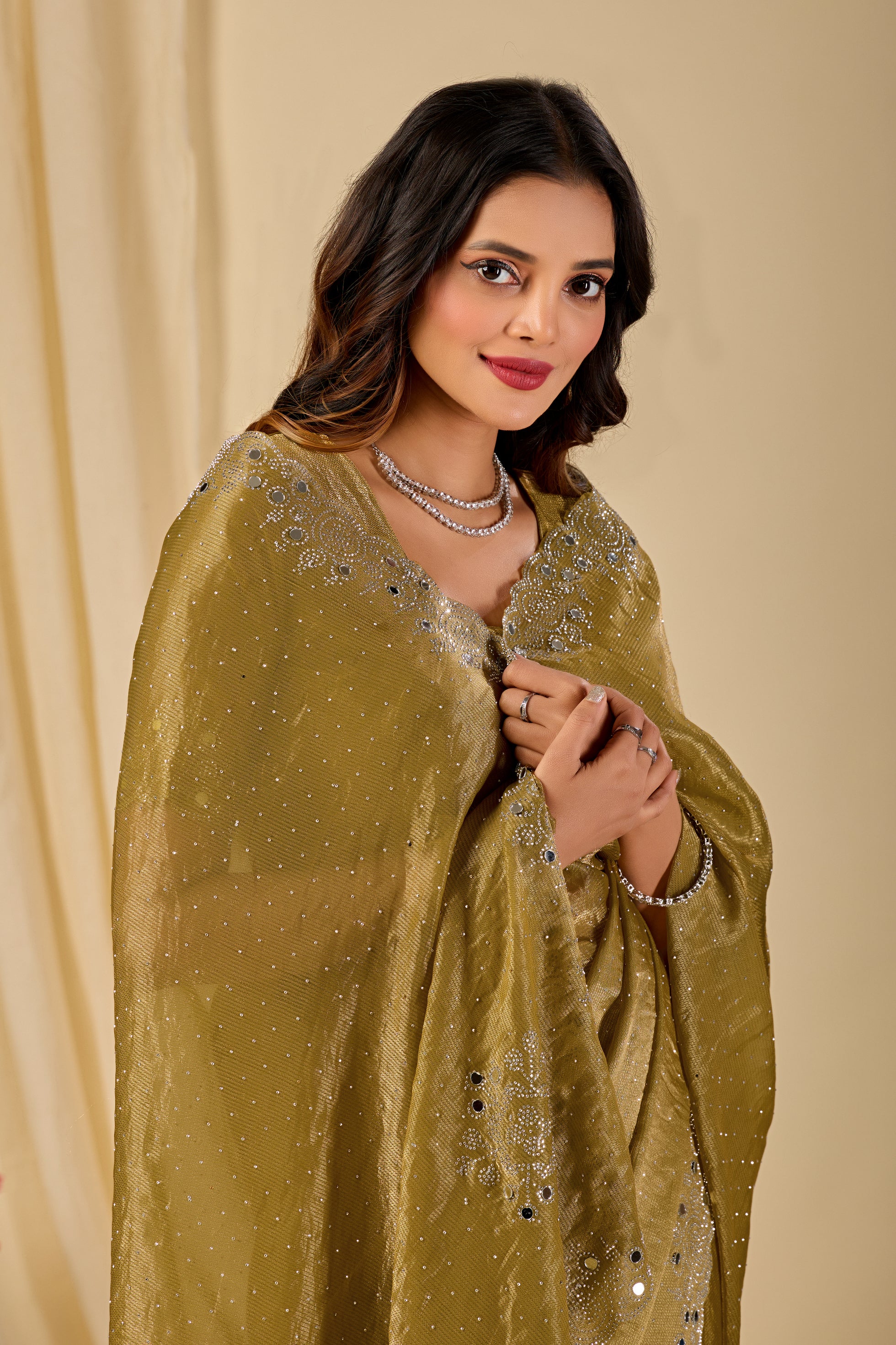 SHLOKA Chiffon Mirror Work Saree - Light Mustard