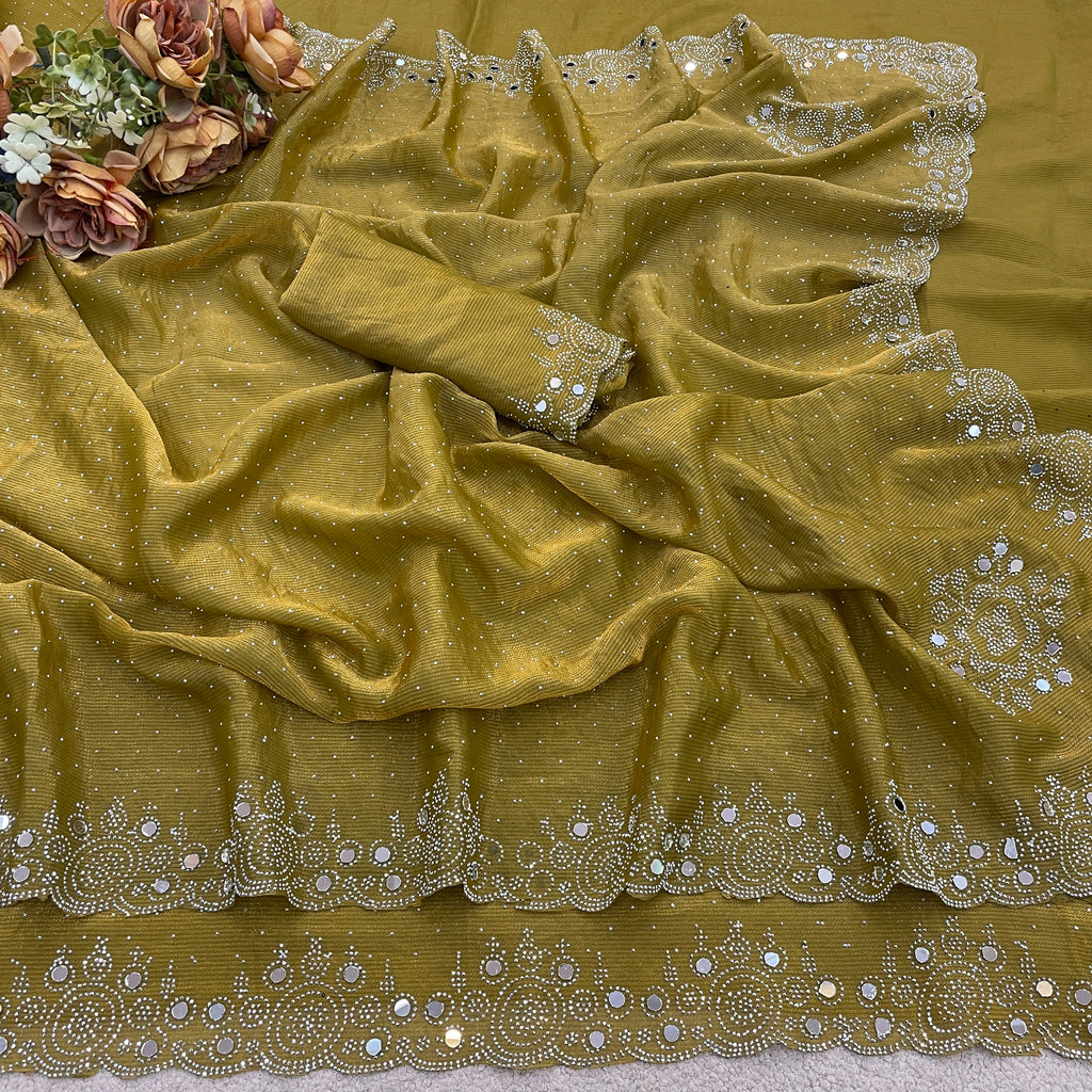 SHLOKA Chiffon Mirror Work Saree - Light Mustard