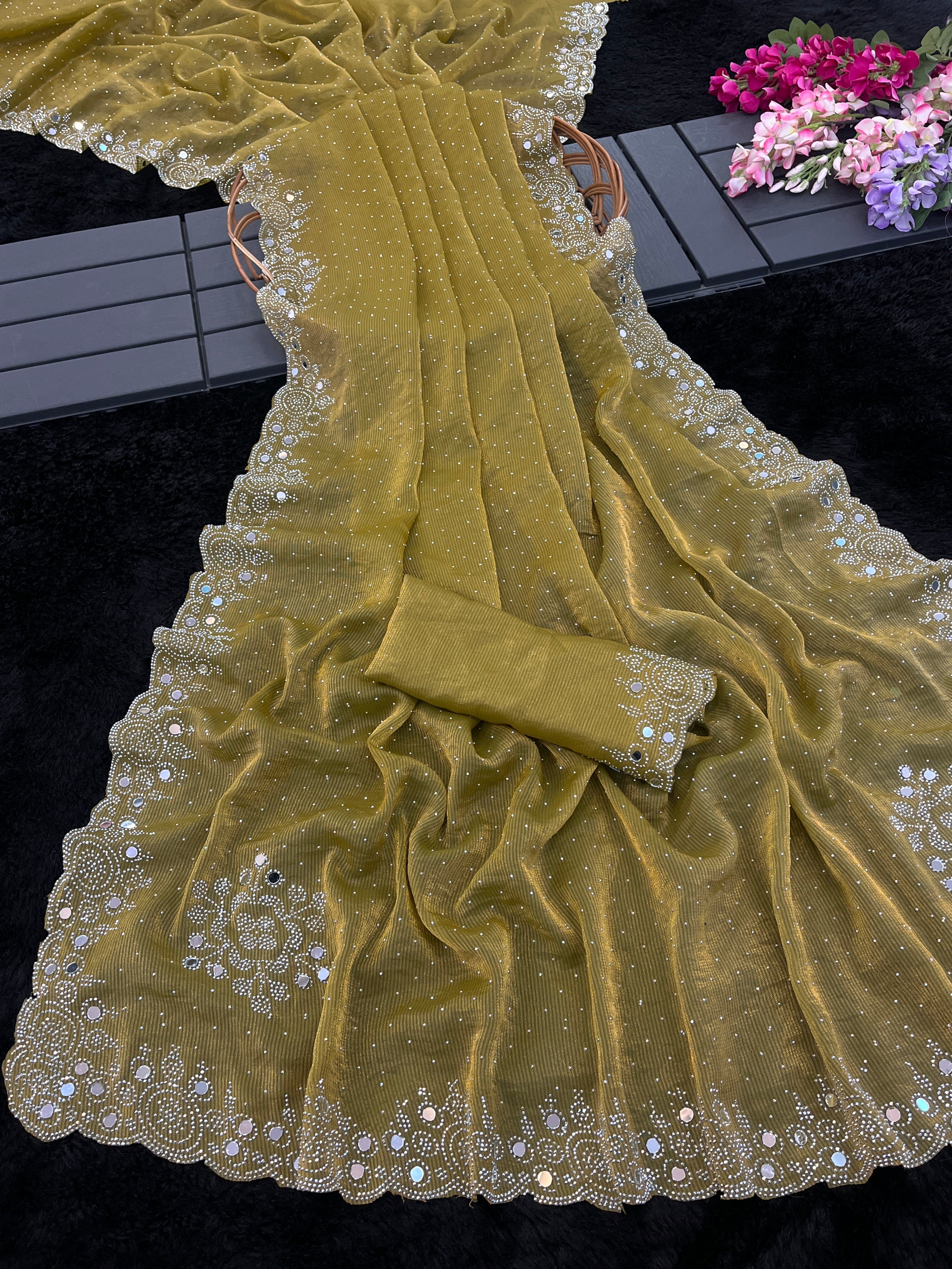 SHLOKA Chiffon Mirror Work Saree - Light Mustard
