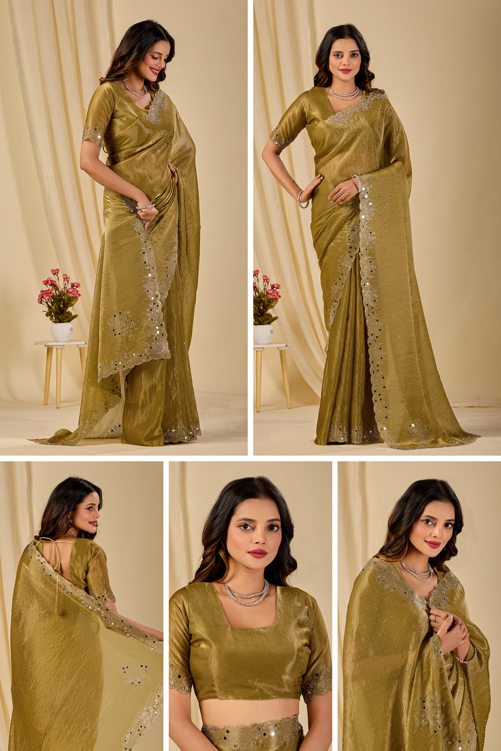 SHLOKA Chiffon Mirror Work Saree - Light Mustard