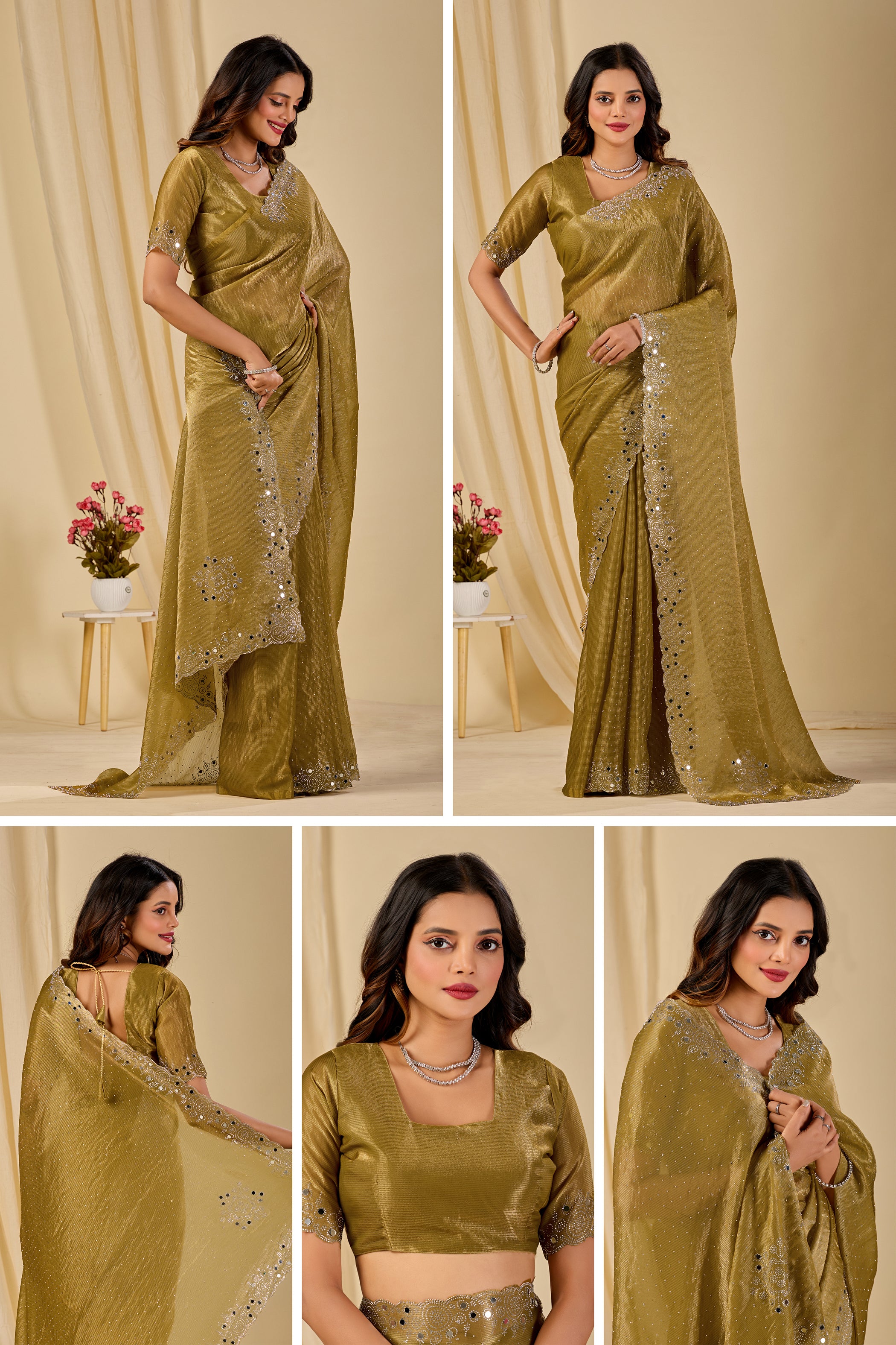 SHLOKA Chiffon Mirror Work Saree - Light Mustard