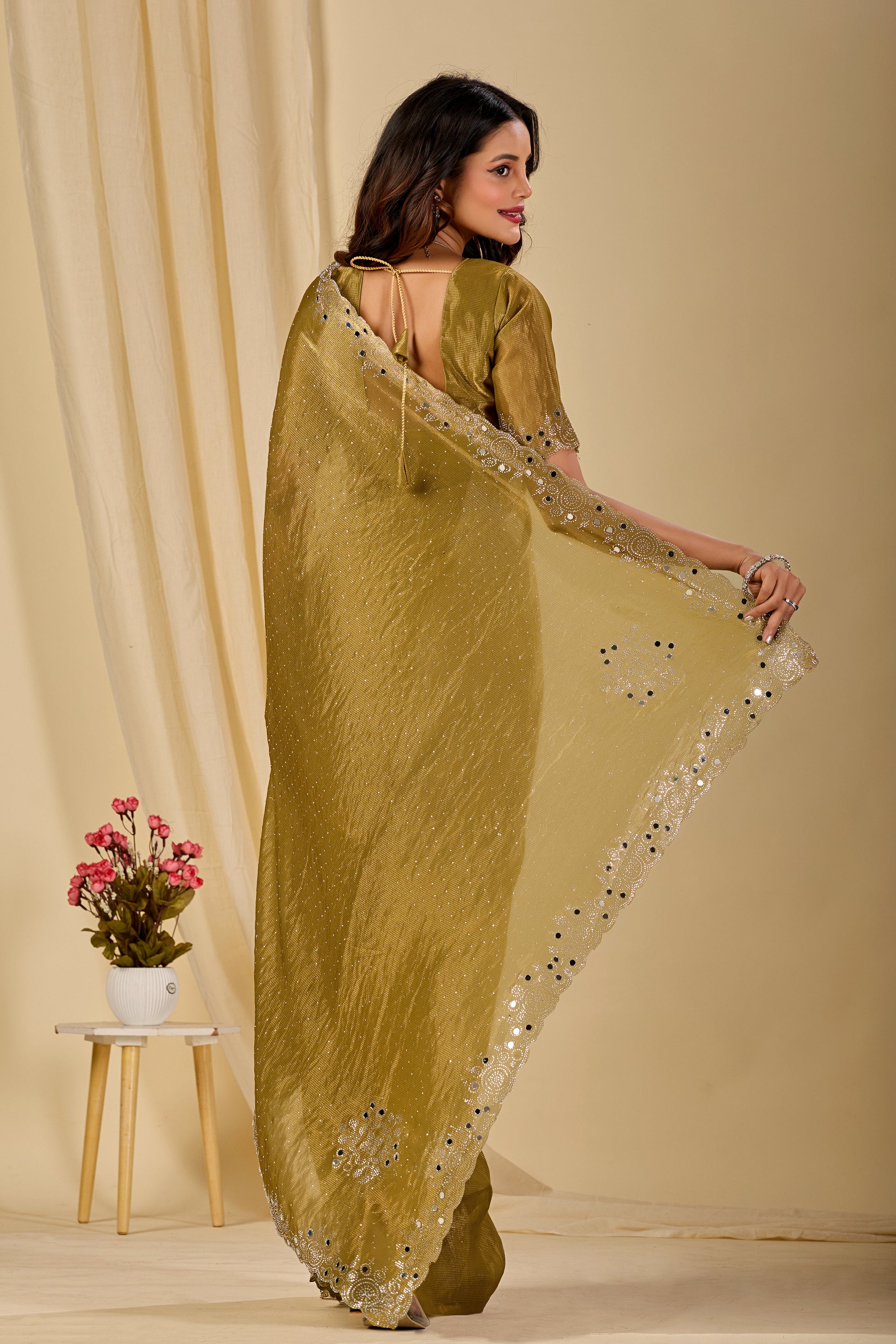 SHLOKA Chiffon Mirror Work Saree - Light Mustard