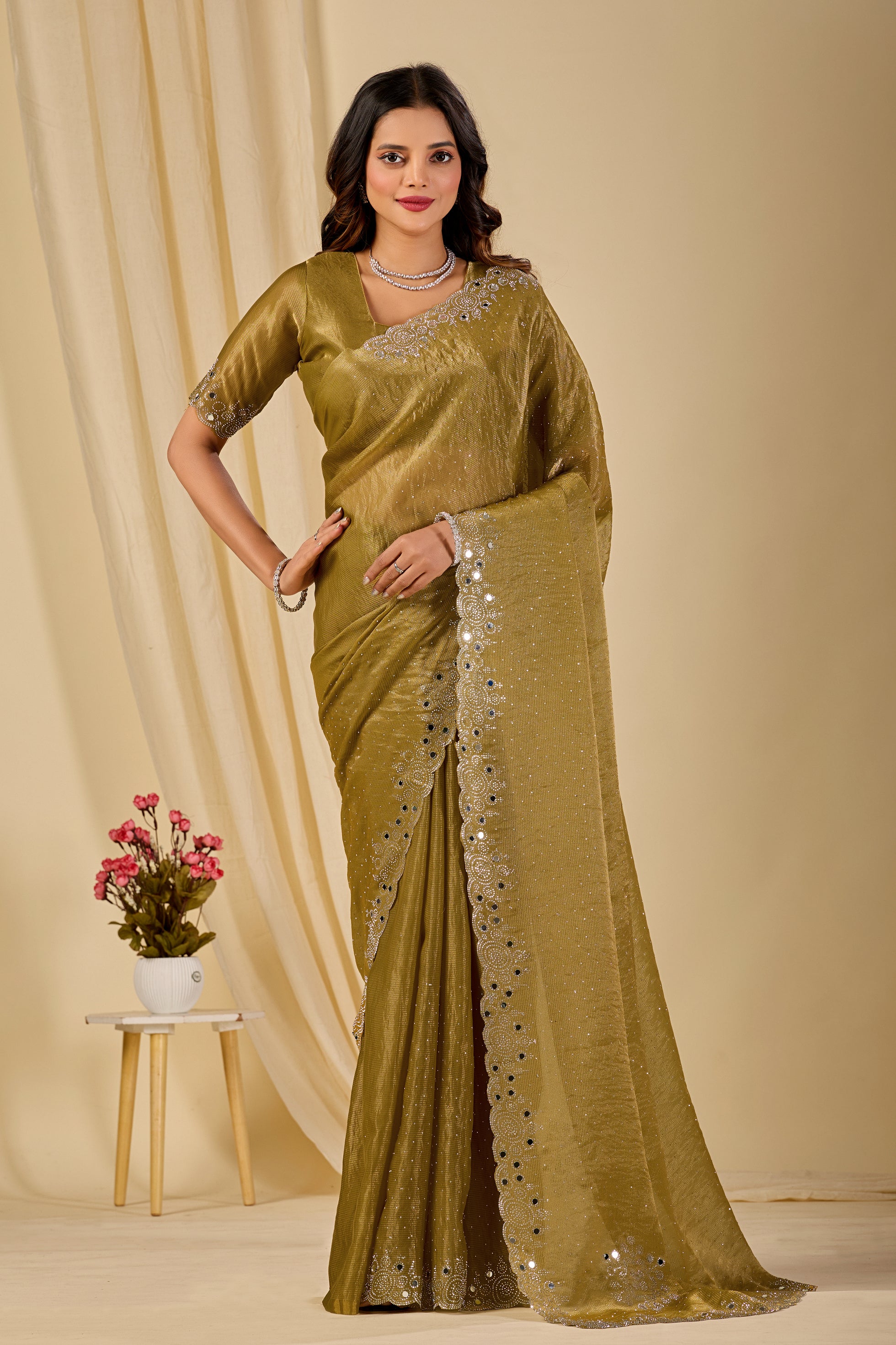 SHLOKA Chiffon Mirror Work Saree - Light Mustard