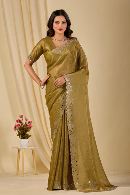 SHLOKA Chiffon Mirror Work Saree - Light Mustard