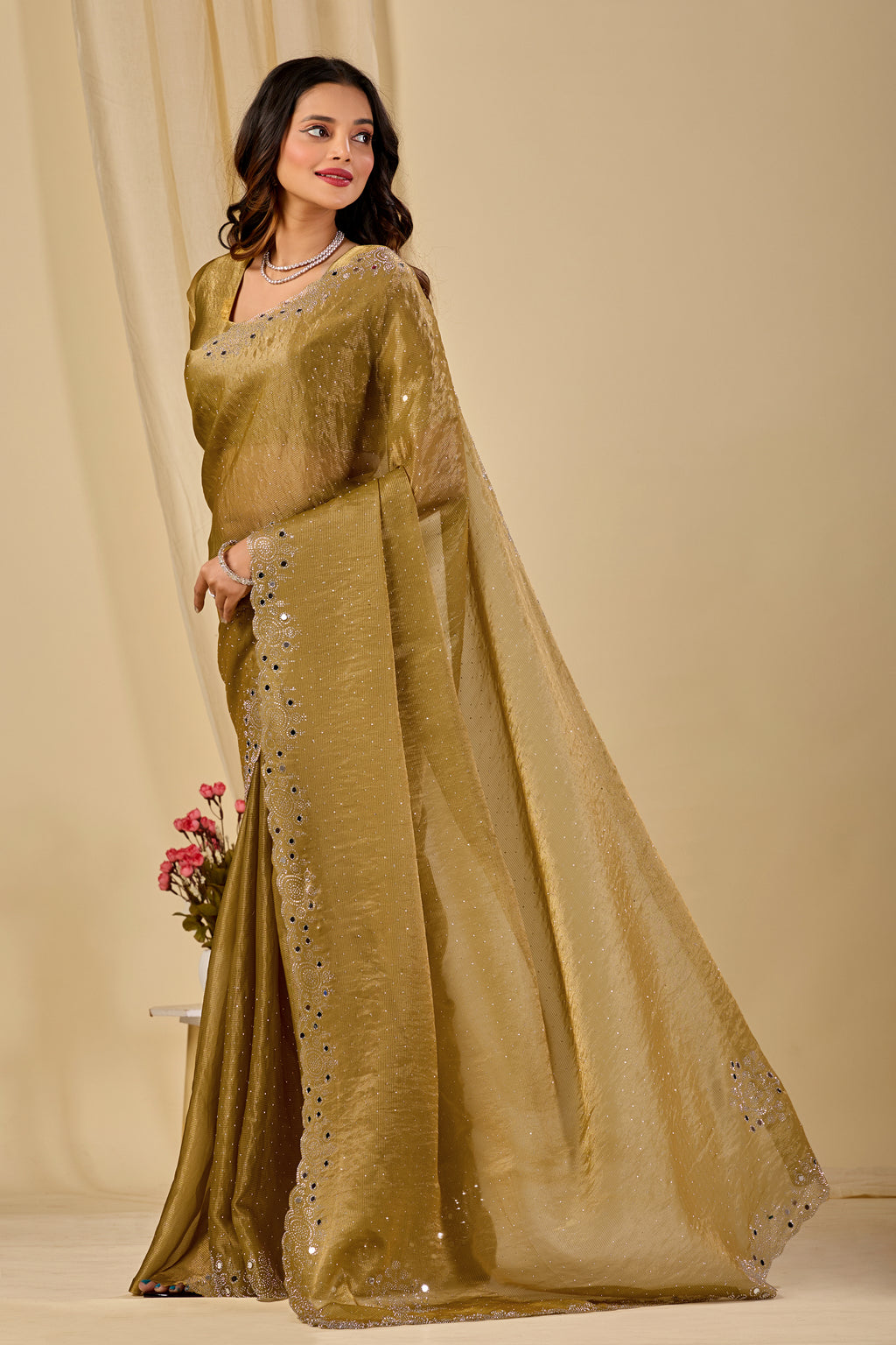SHLOKA Chiffon Mirror Work Saree - Light Mustard