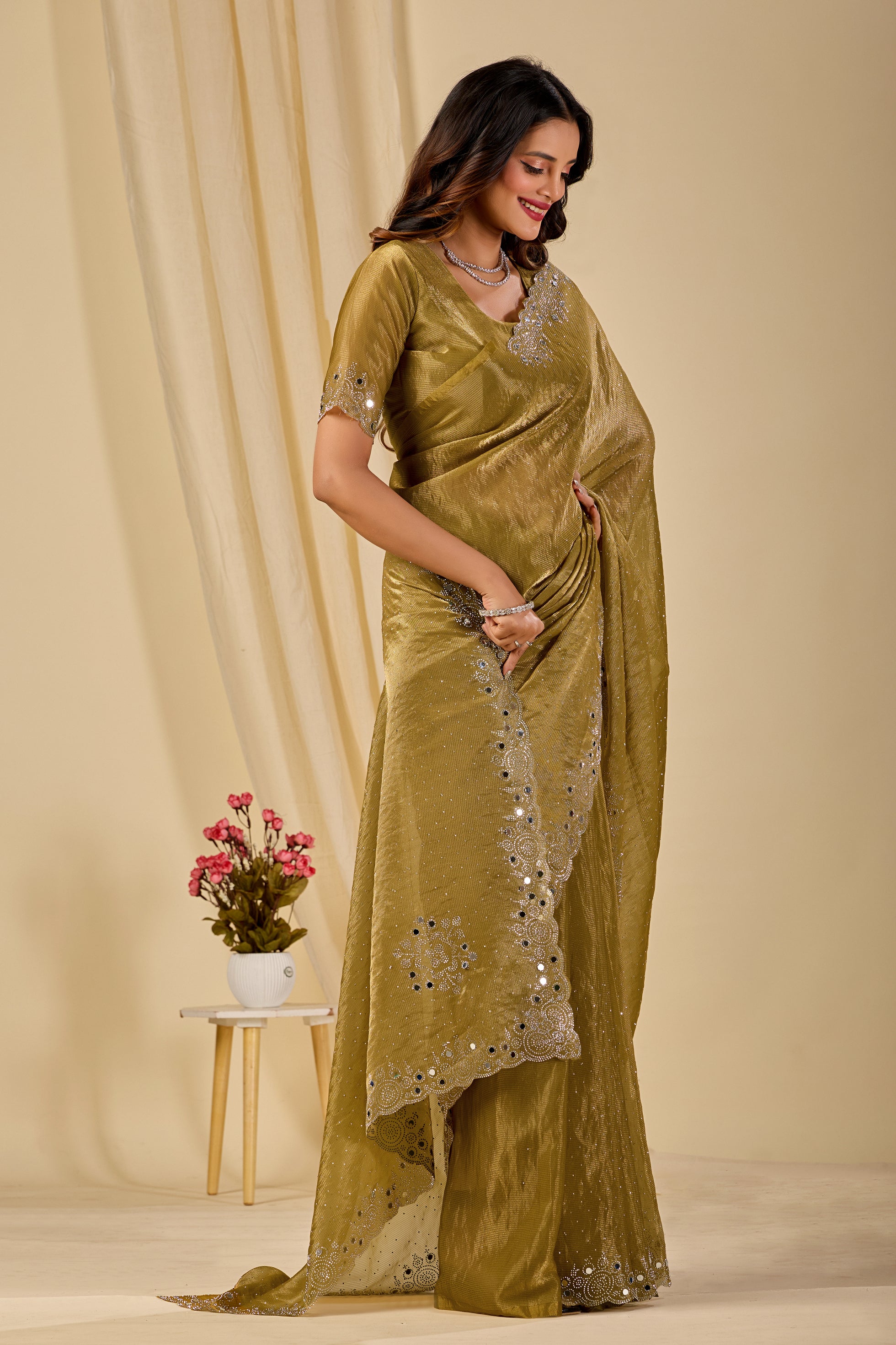 SHLOKA Chiffon Mirror Work Saree - Light Mustard