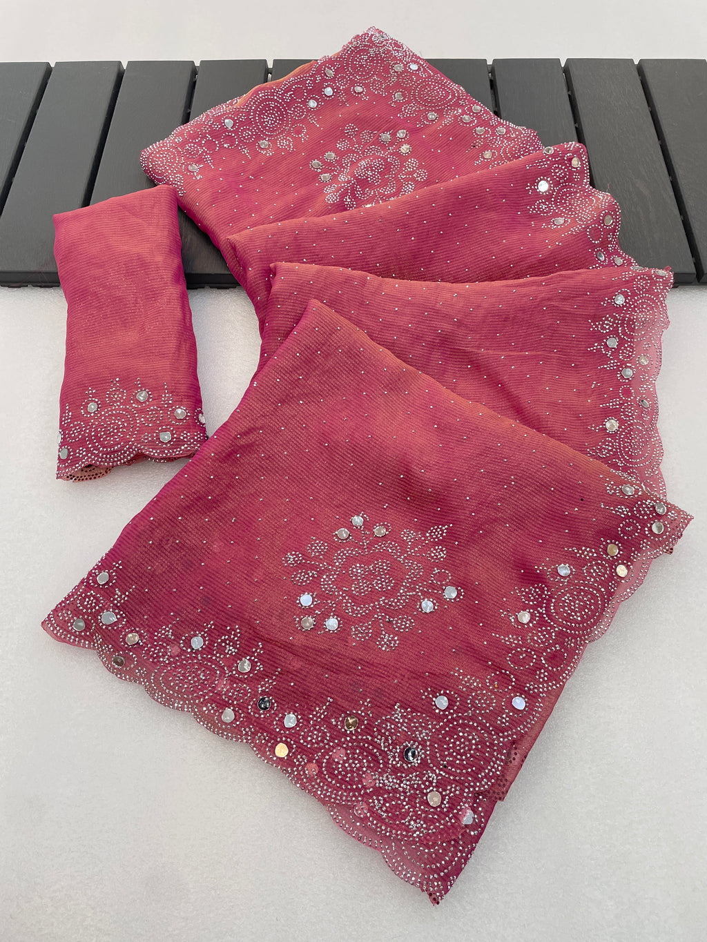 SHLOKA Chiffon Mirror Work Saree - Light Pink