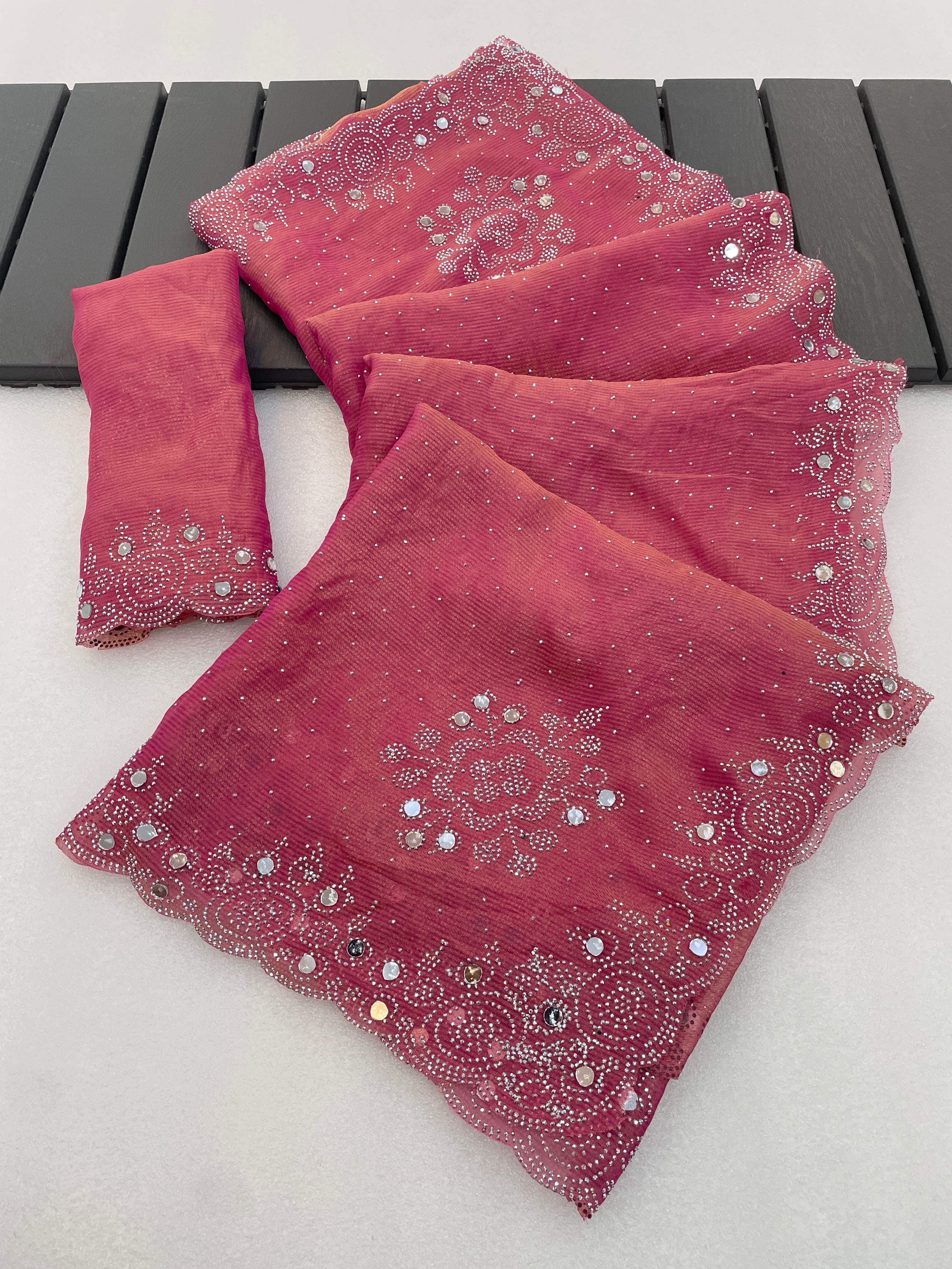 SHLOKA Chiffon Mirror Work Saree - Light Pink