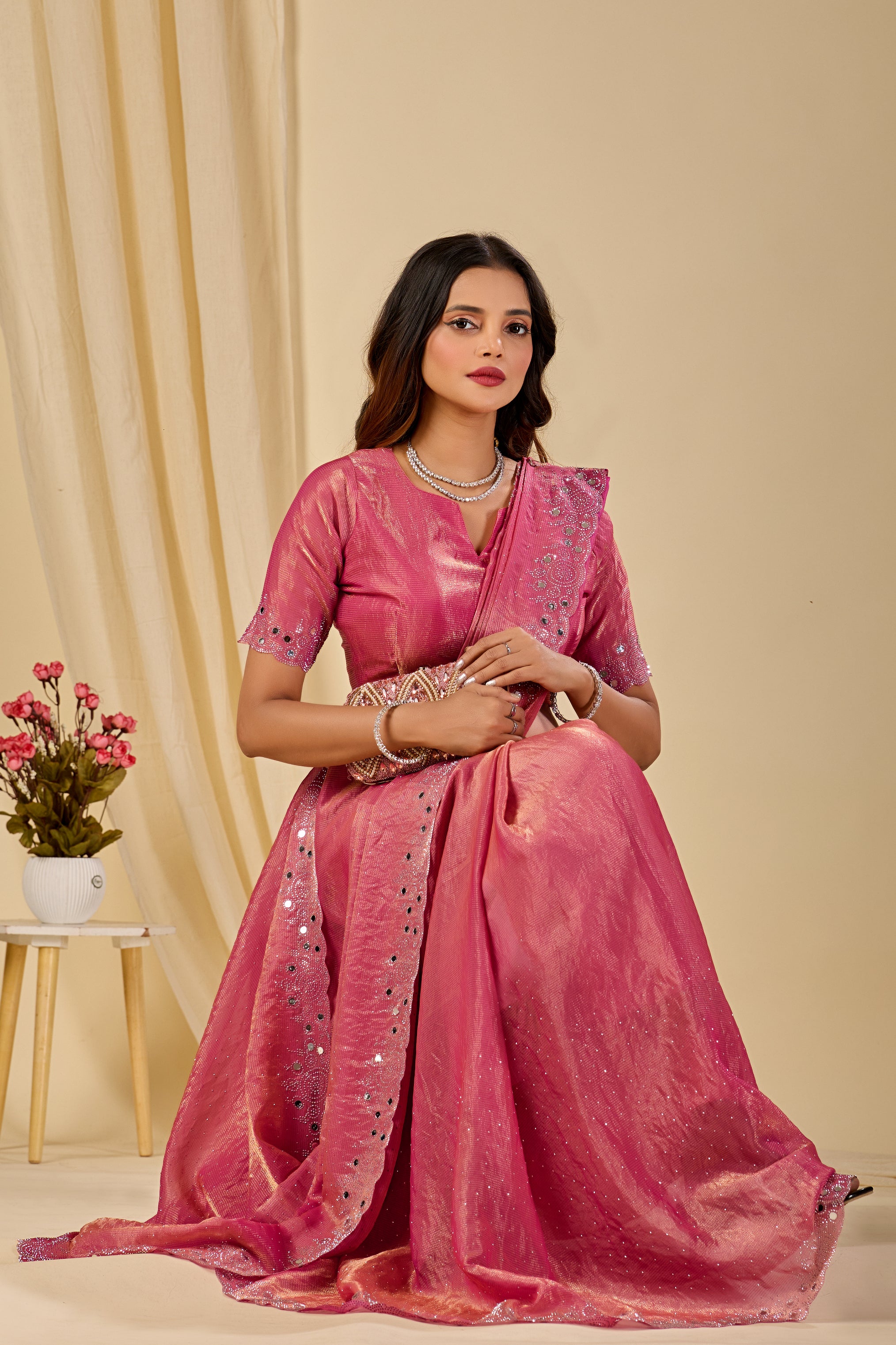 SHLOKA Chiffon Mirror Work Saree - Light Pink
