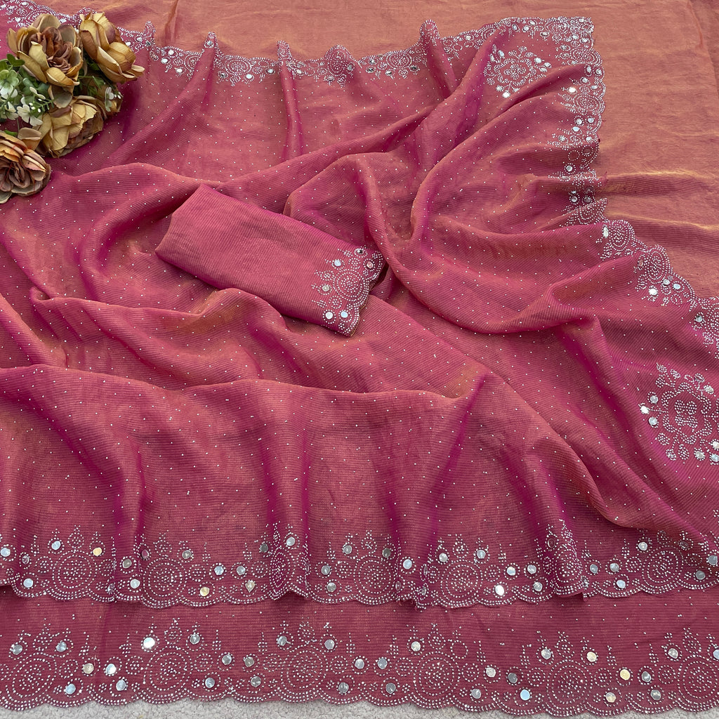 SHLOKA Chiffon Mirror Work Saree - Light Pink