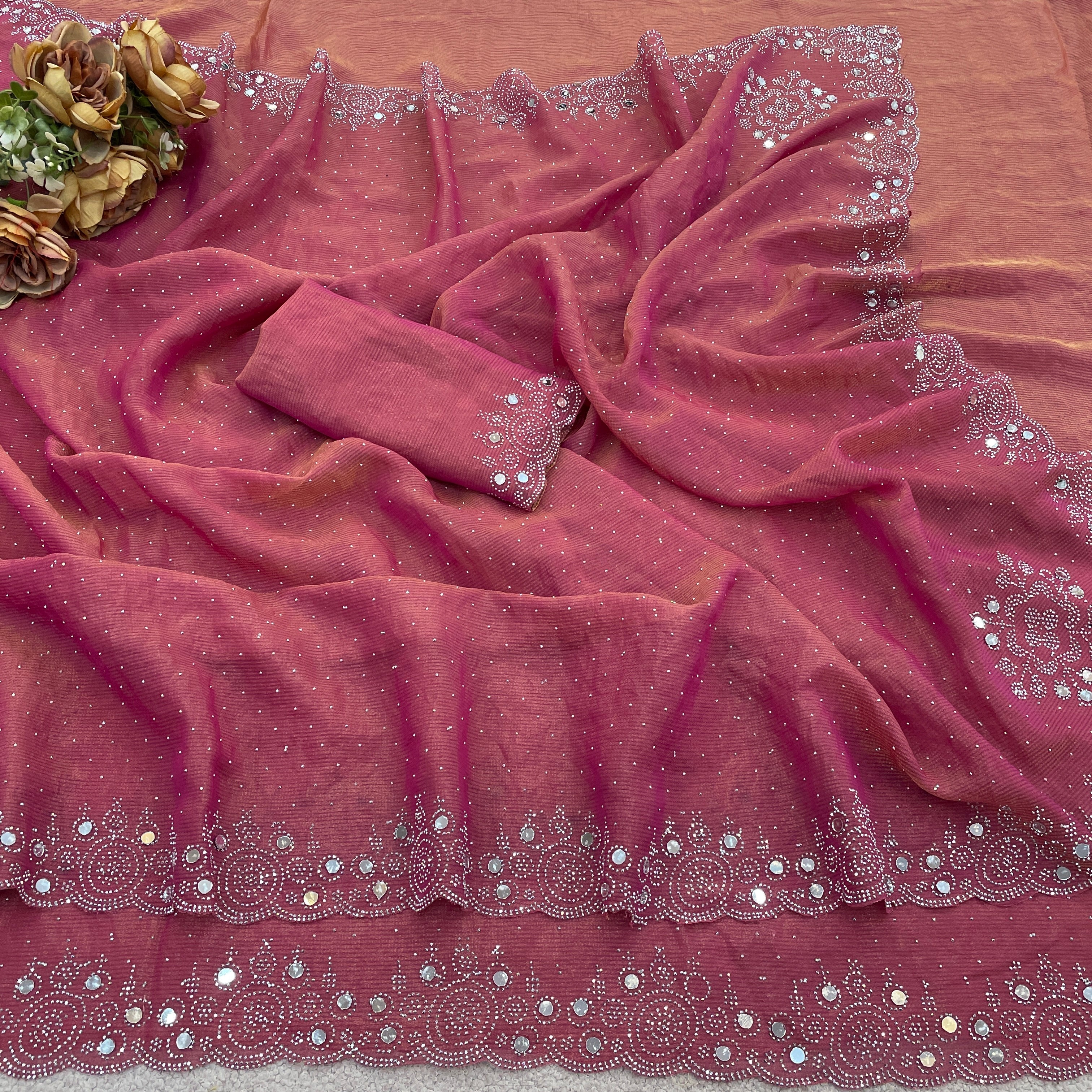 SHLOKA Chiffon Mirror Work Saree - Light Pink