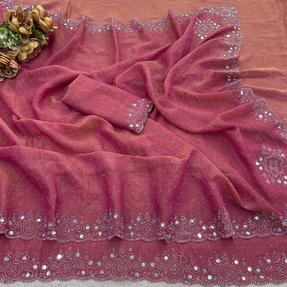 SHLOKA Chiffon Mirror Work Saree - Light Pink