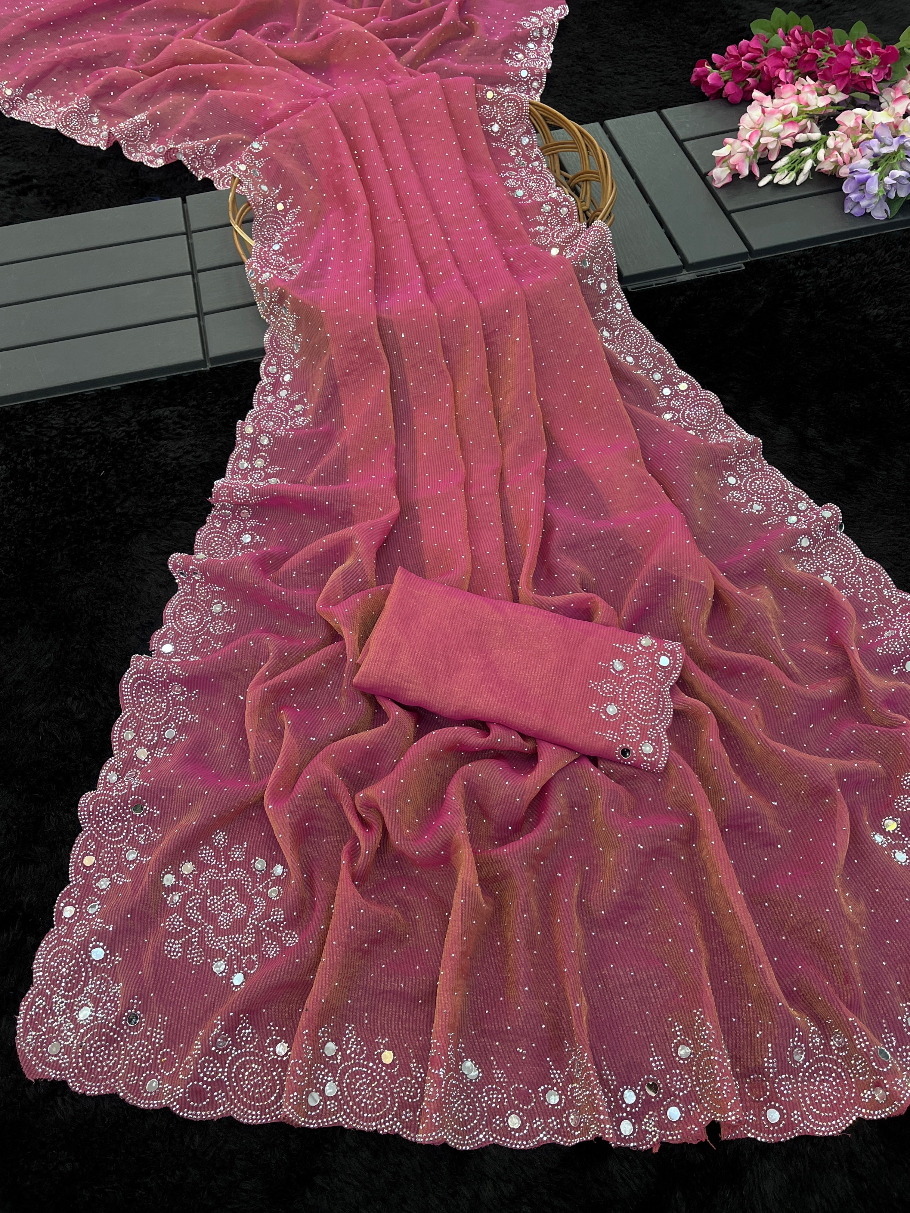 SHLOKA Chiffon Mirror Work Saree - Light Pink