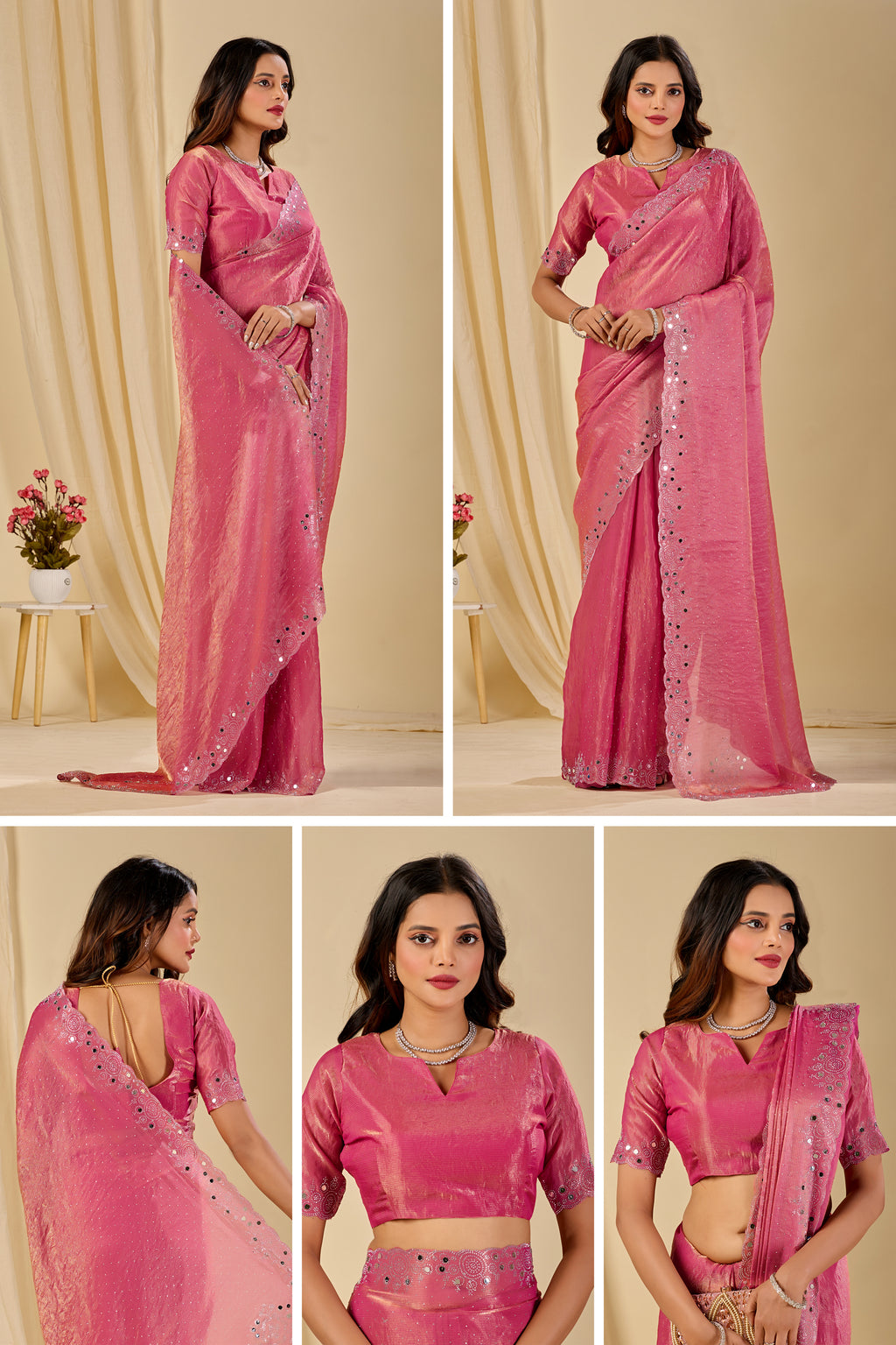SHLOKA Chiffon Mirror Work Saree - Light Pink
