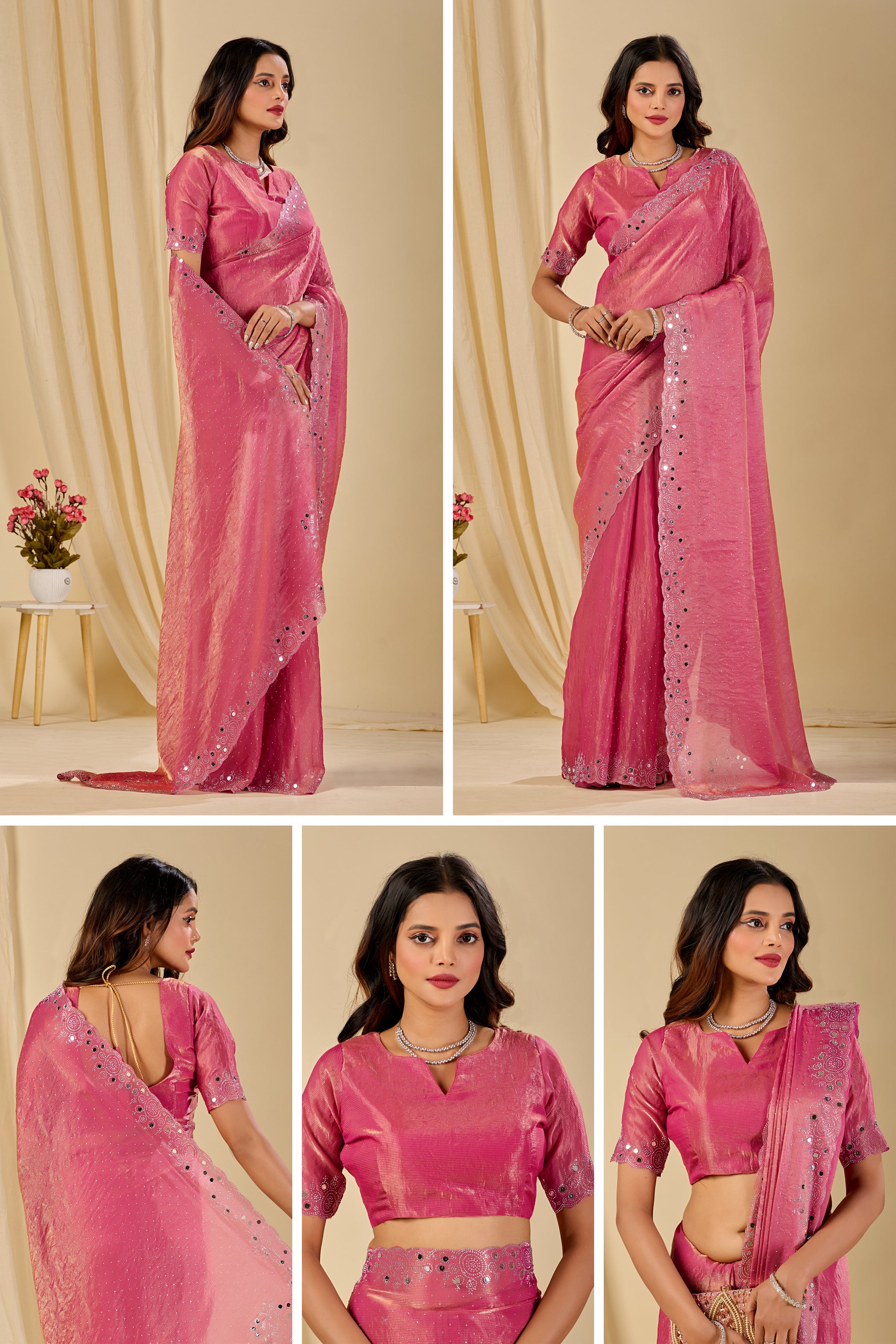 SHLOKA Chiffon Mirror Work Saree - Light Pink