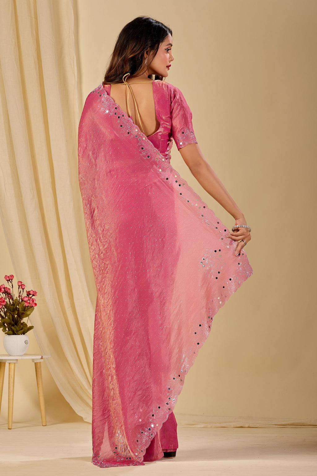 SHLOKA Chiffon Mirror Work Saree - Light Pink