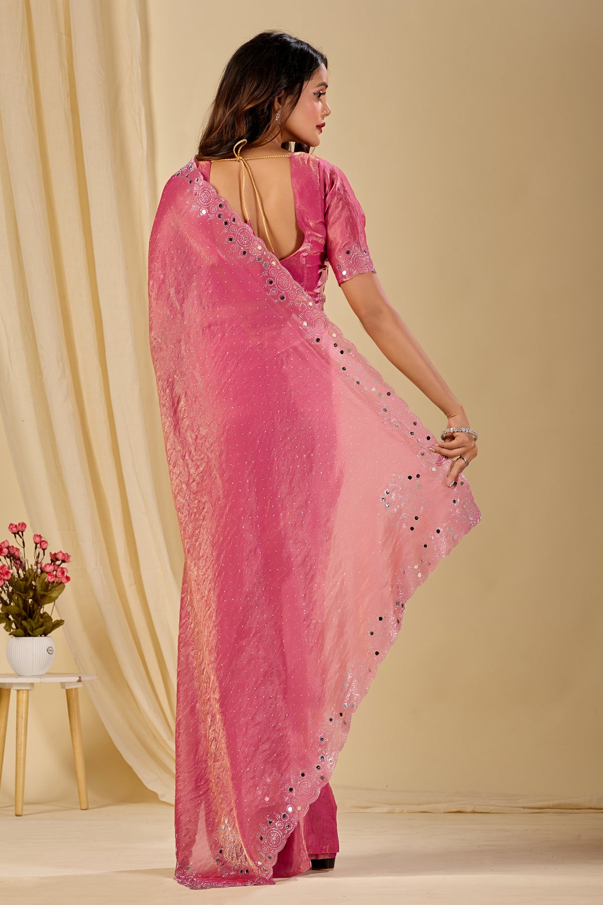 SHLOKA Chiffon Mirror Work Saree - Light Pink