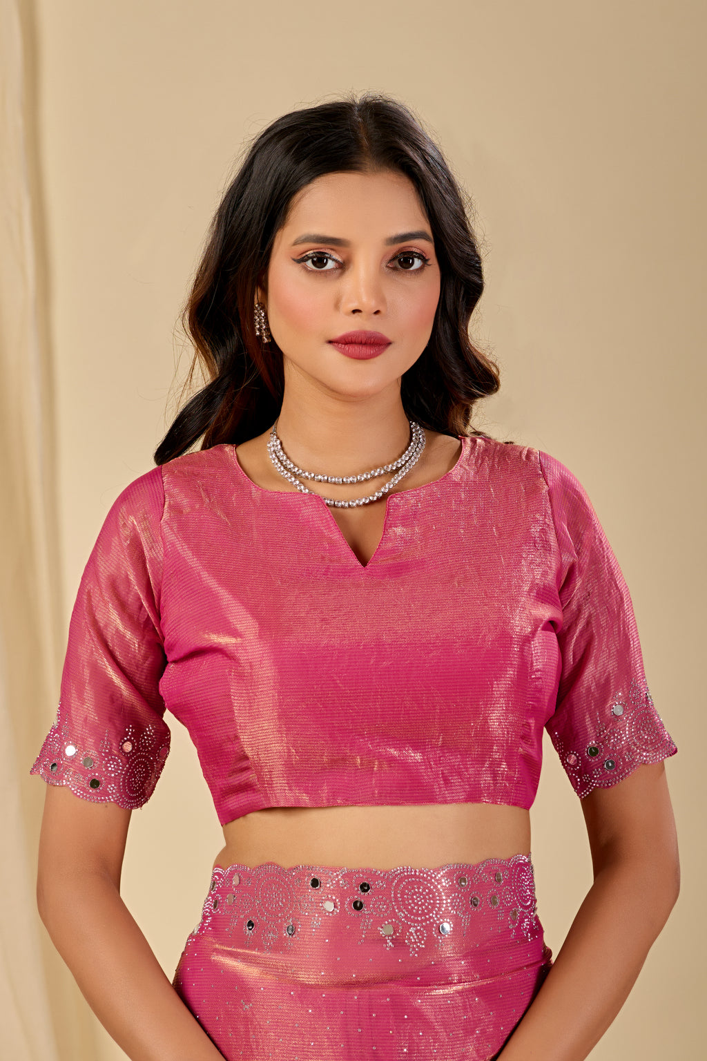 SHLOKA Chiffon Mirror Work Saree - Light Pink