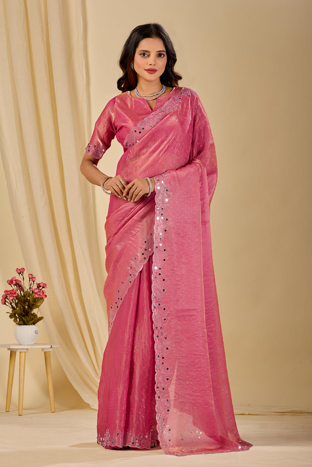 SHLOKA Chiffon Mirror Work Saree - Light Pink