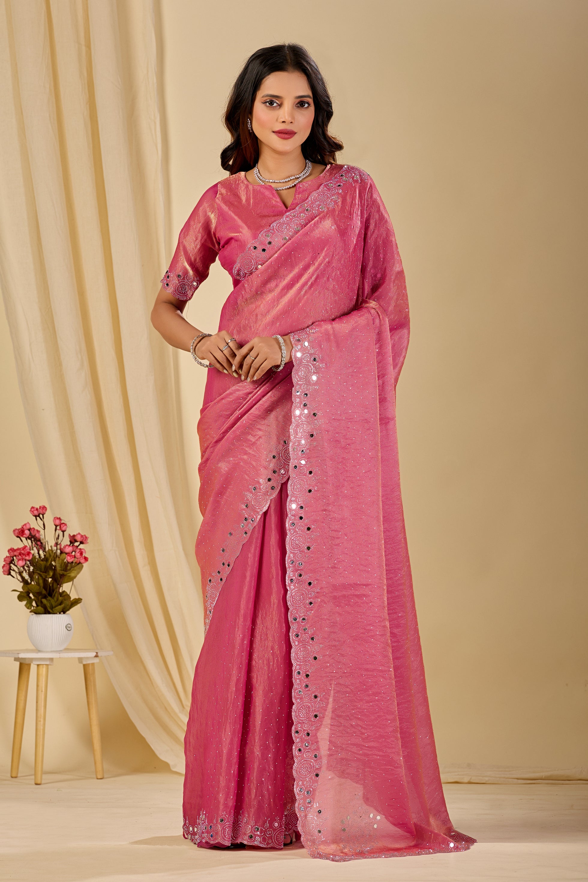 SHLOKA Chiffon Mirror Work Saree - Light Pink