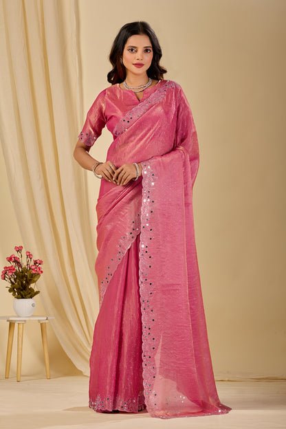 SHLOKA Chiffon Mirror Work Saree - Light Pink
