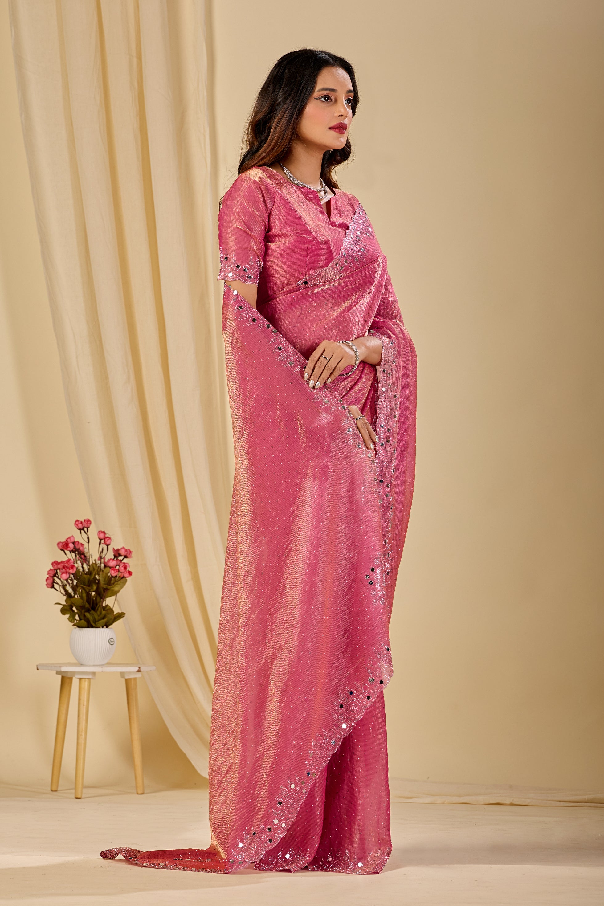 SHLOKA Chiffon Mirror Work Saree - Light Pink