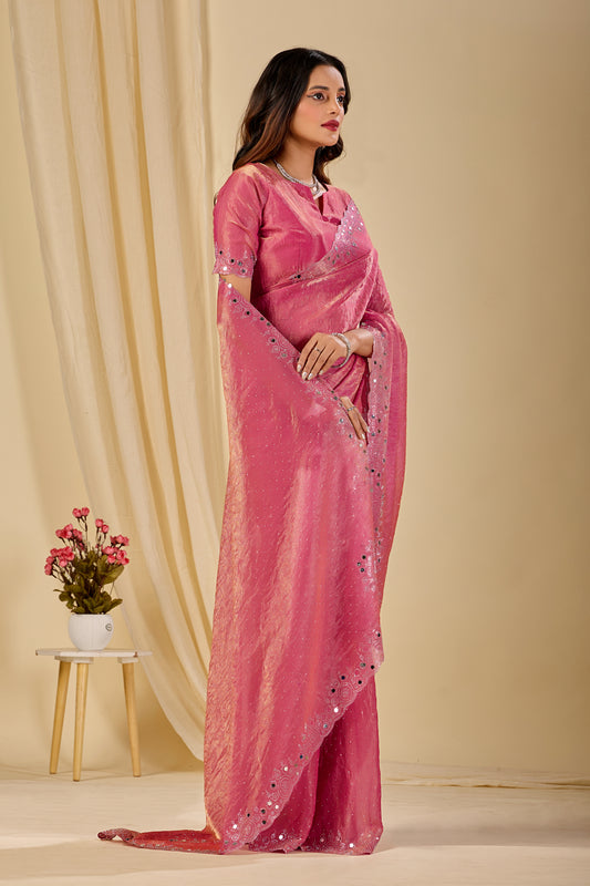 SHLOKA Chiffon Mirror Work Saree - Light Pink