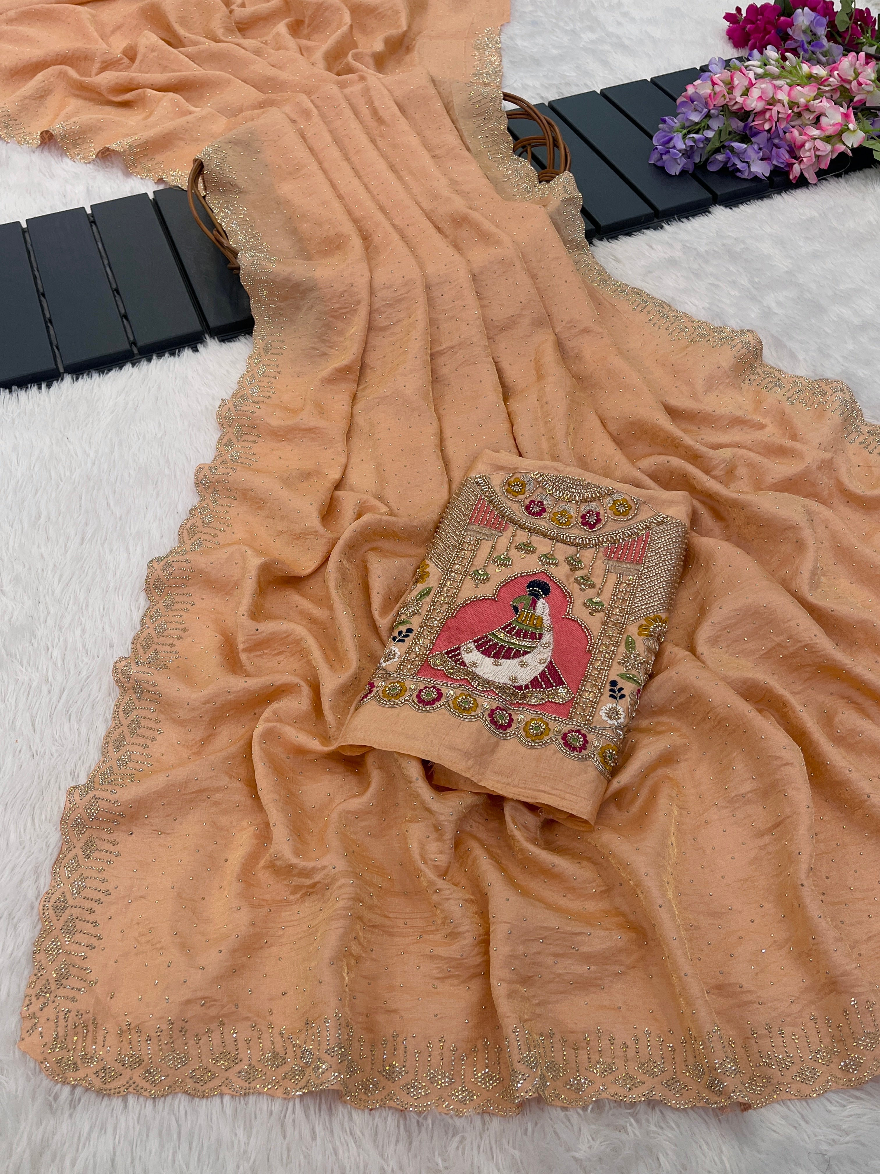 SUDHA Satin Embellished Embroidered Saree - Fanta