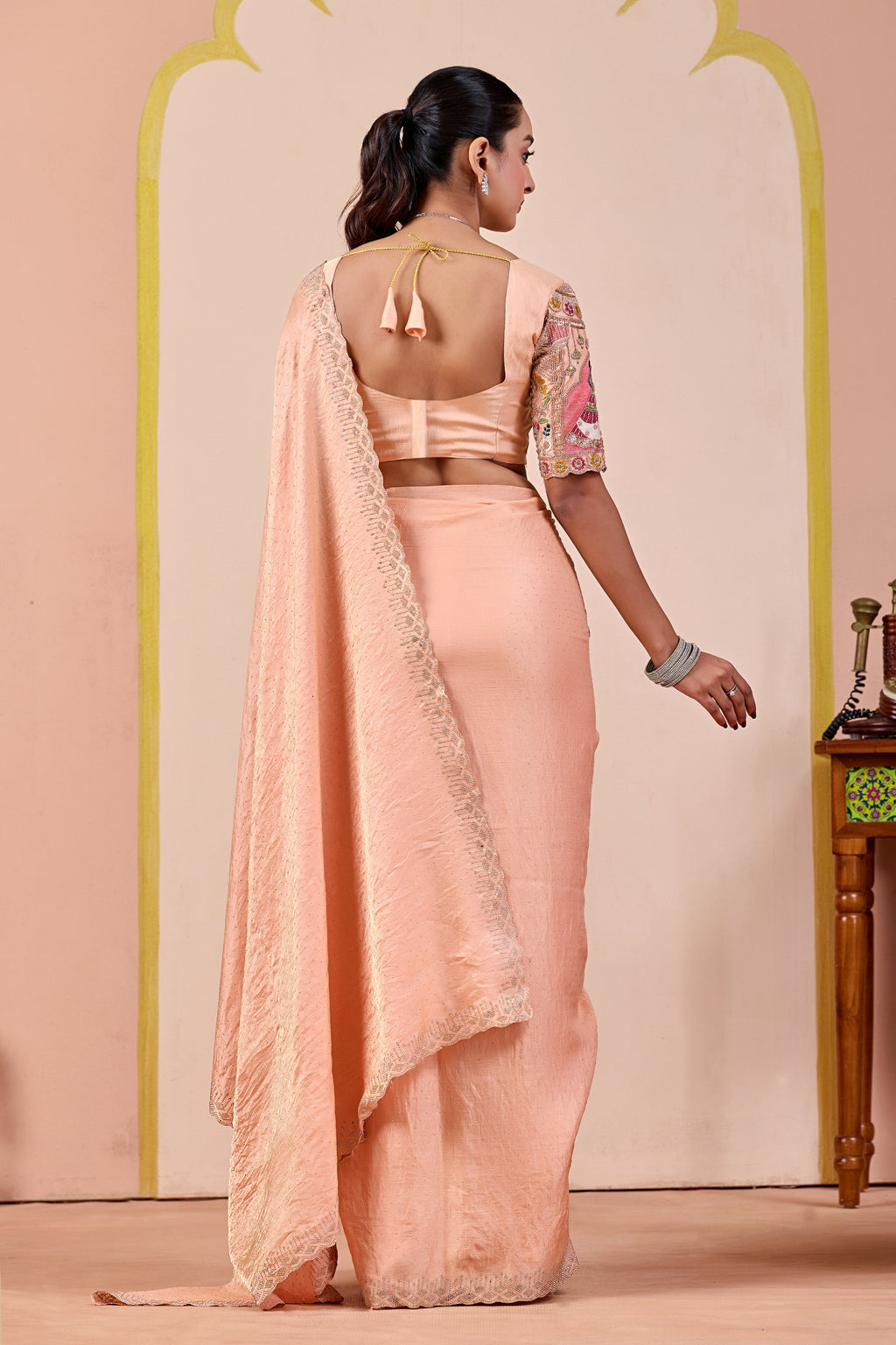 SUDHA Satin Embellished Embroidered Saree - Fanta