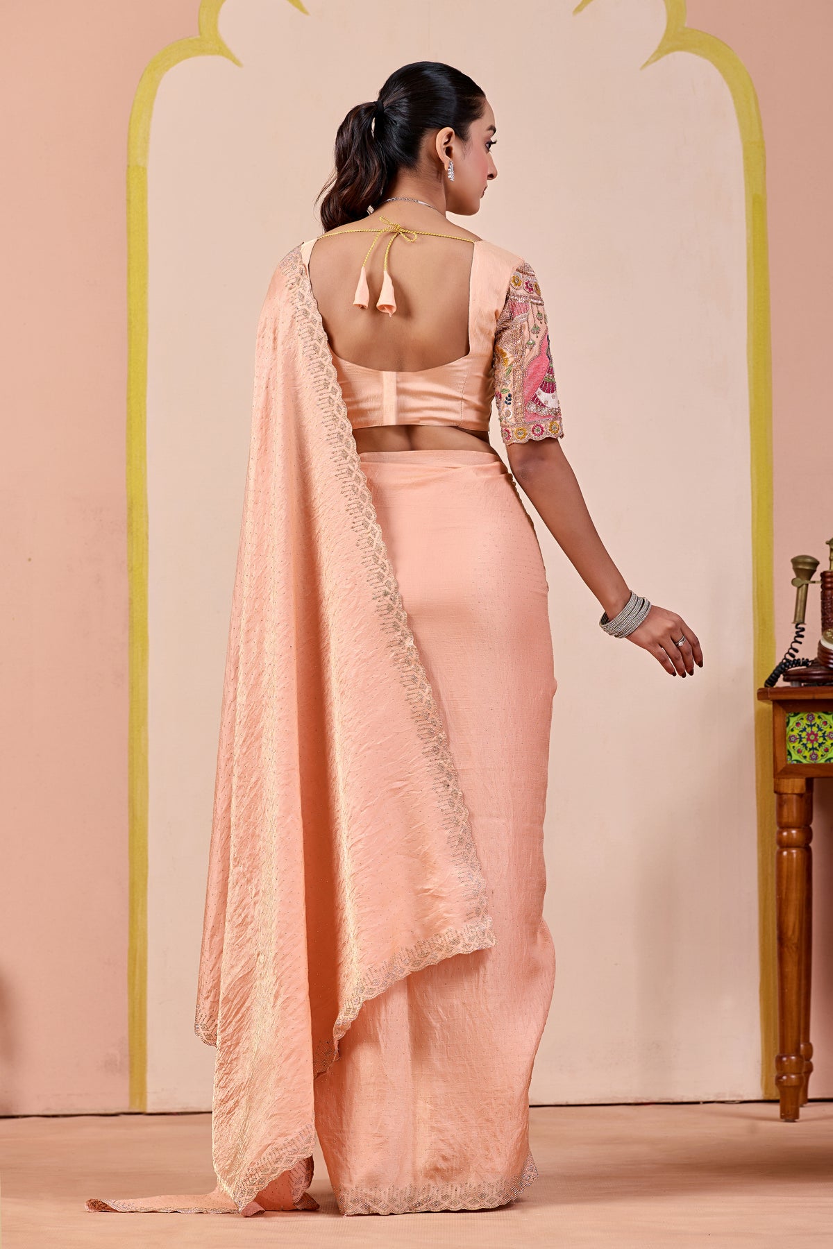 SUDHA Satin Embellished Embroidered Saree - Fanta
