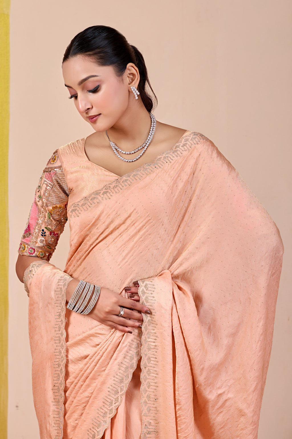 SUDHA Satin Embellished Embroidered Saree - Fanta