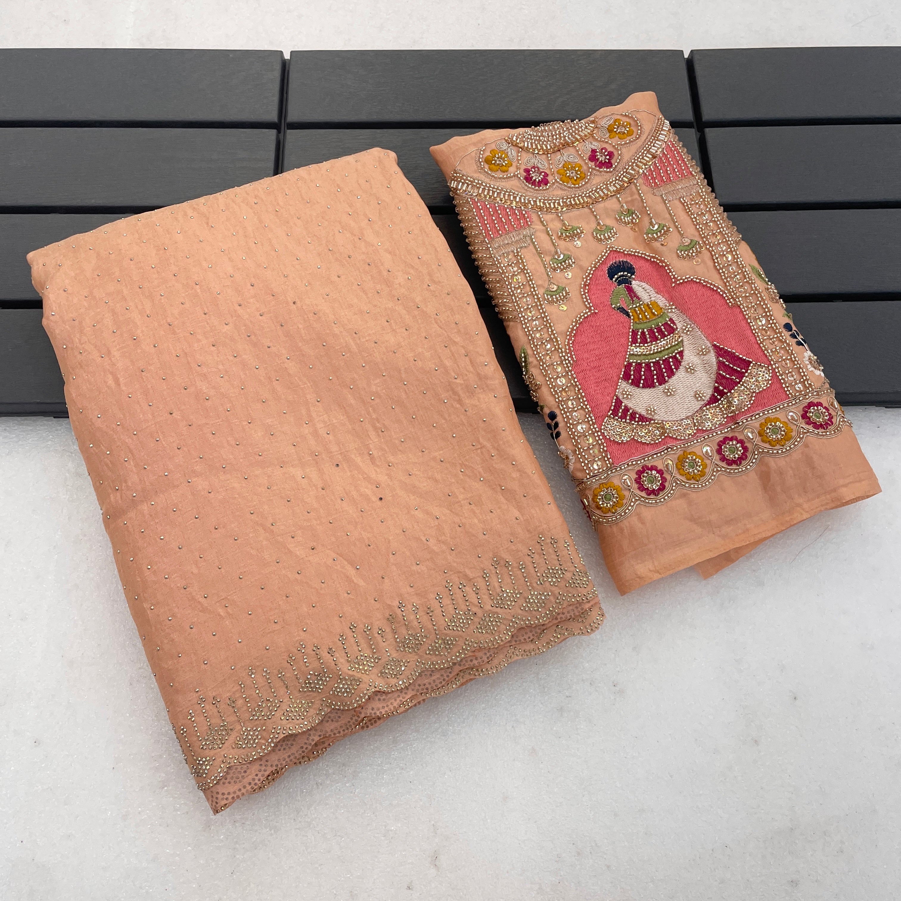 SUDHA Satin Embellished Embroidered Saree - Fanta
