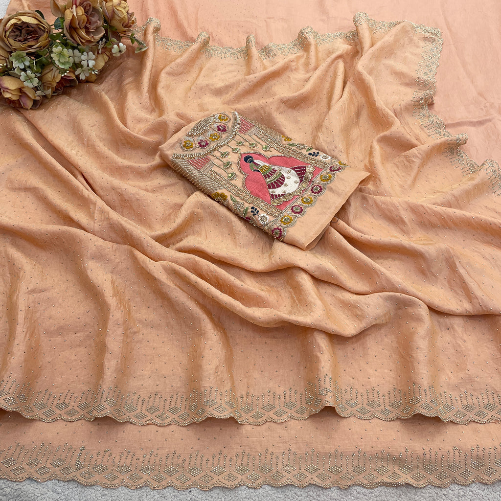 SUDHA Satin Embellished Embroidered Saree - Fanta