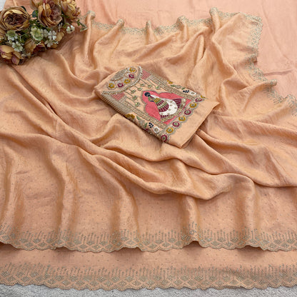 SUDHA Satin Embellished Embroidered Saree - Fanta
