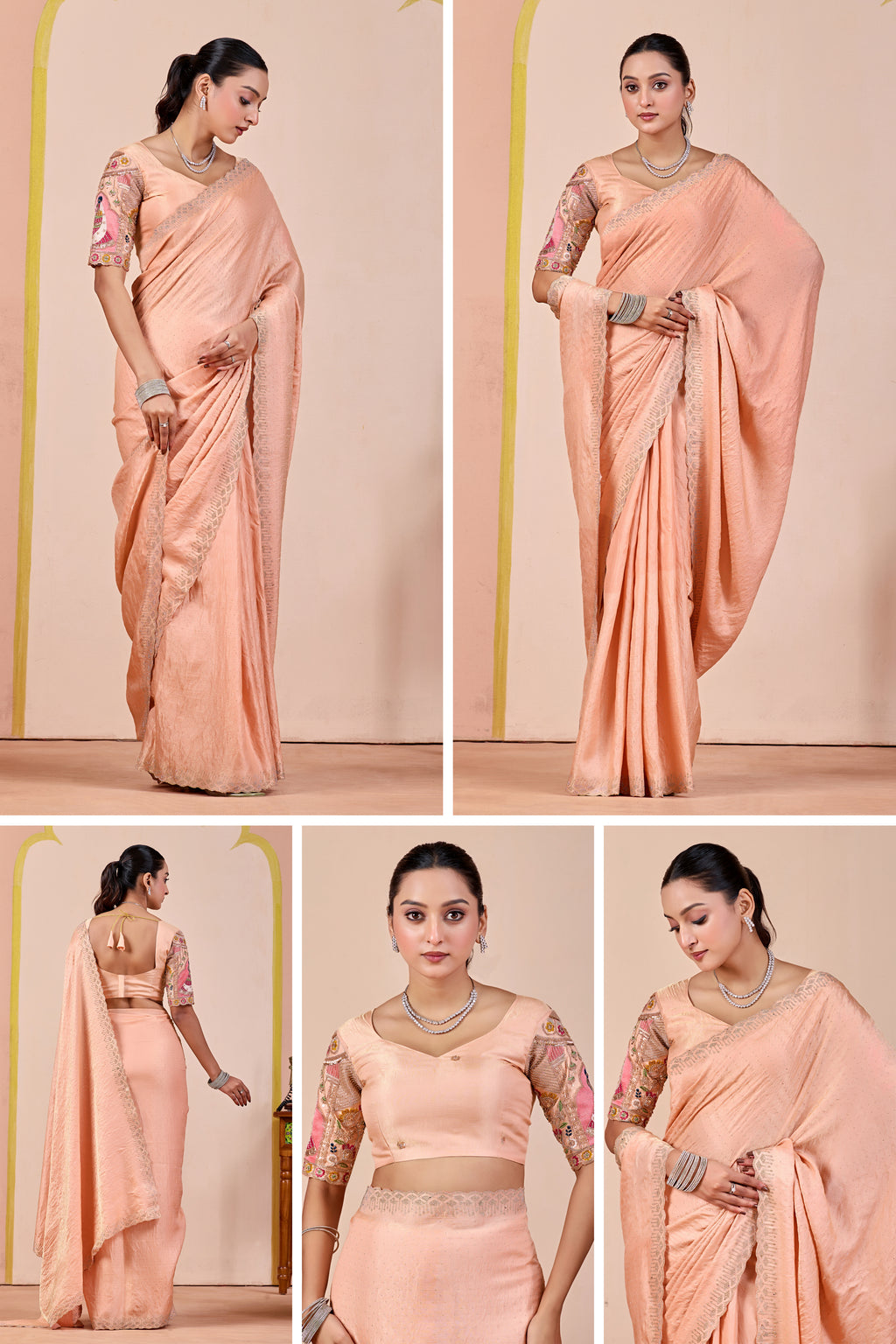 SUDHA Satin Embellished Embroidered Saree - Fanta