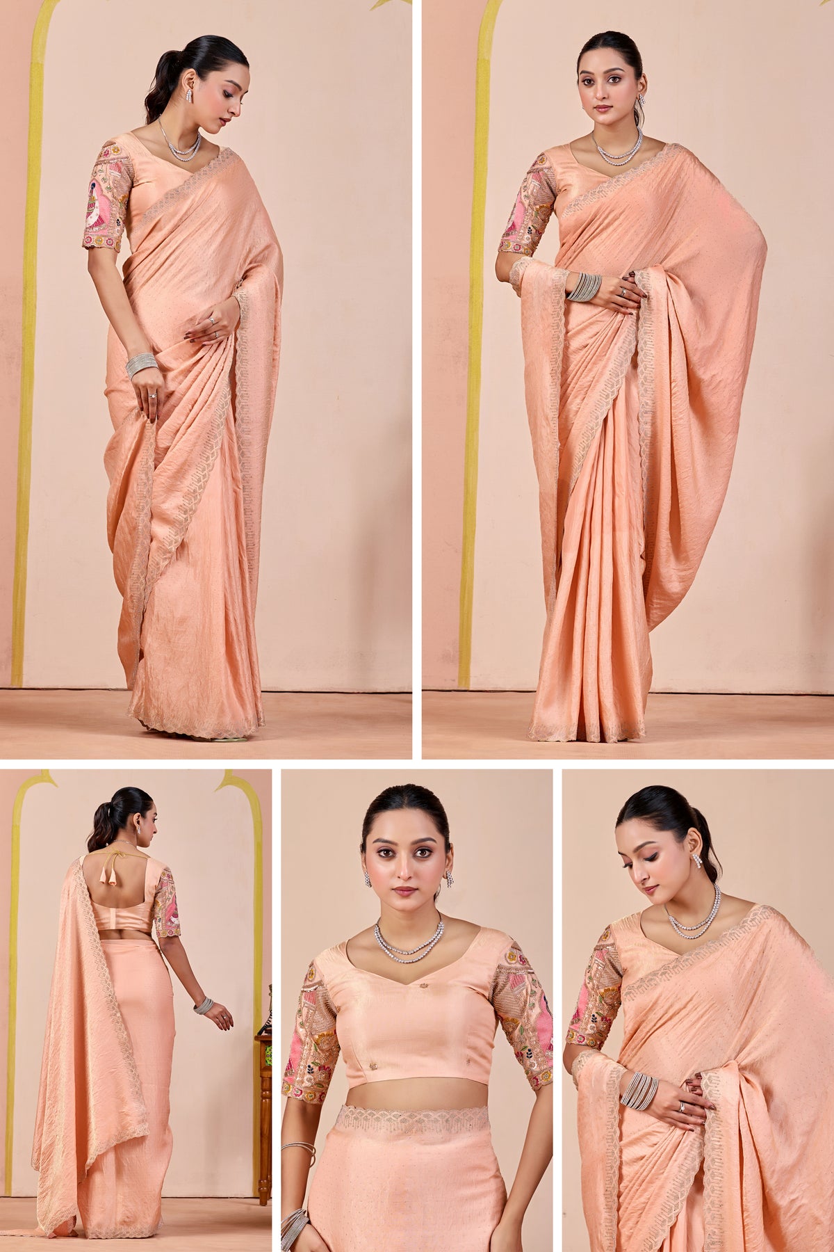 SUDHA Satin Embellished Embroidered Saree - Fanta