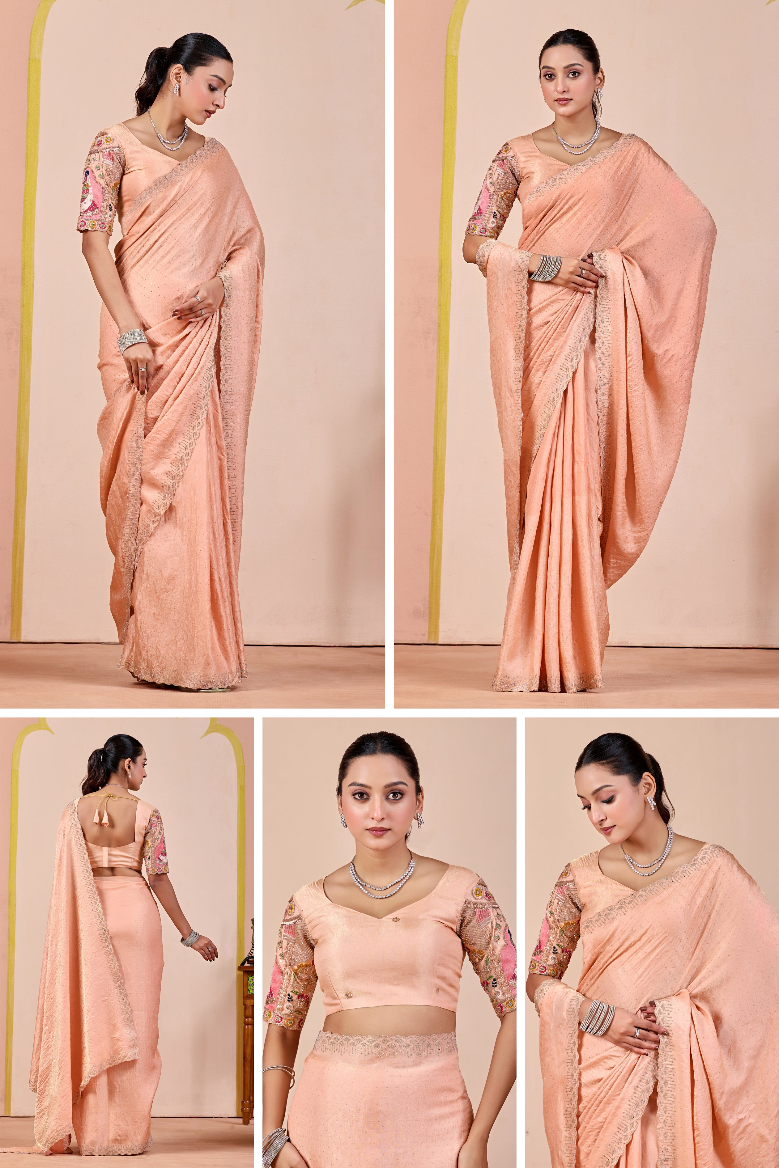 SUDHA Satin Embellished Embroidered Saree - Fanta