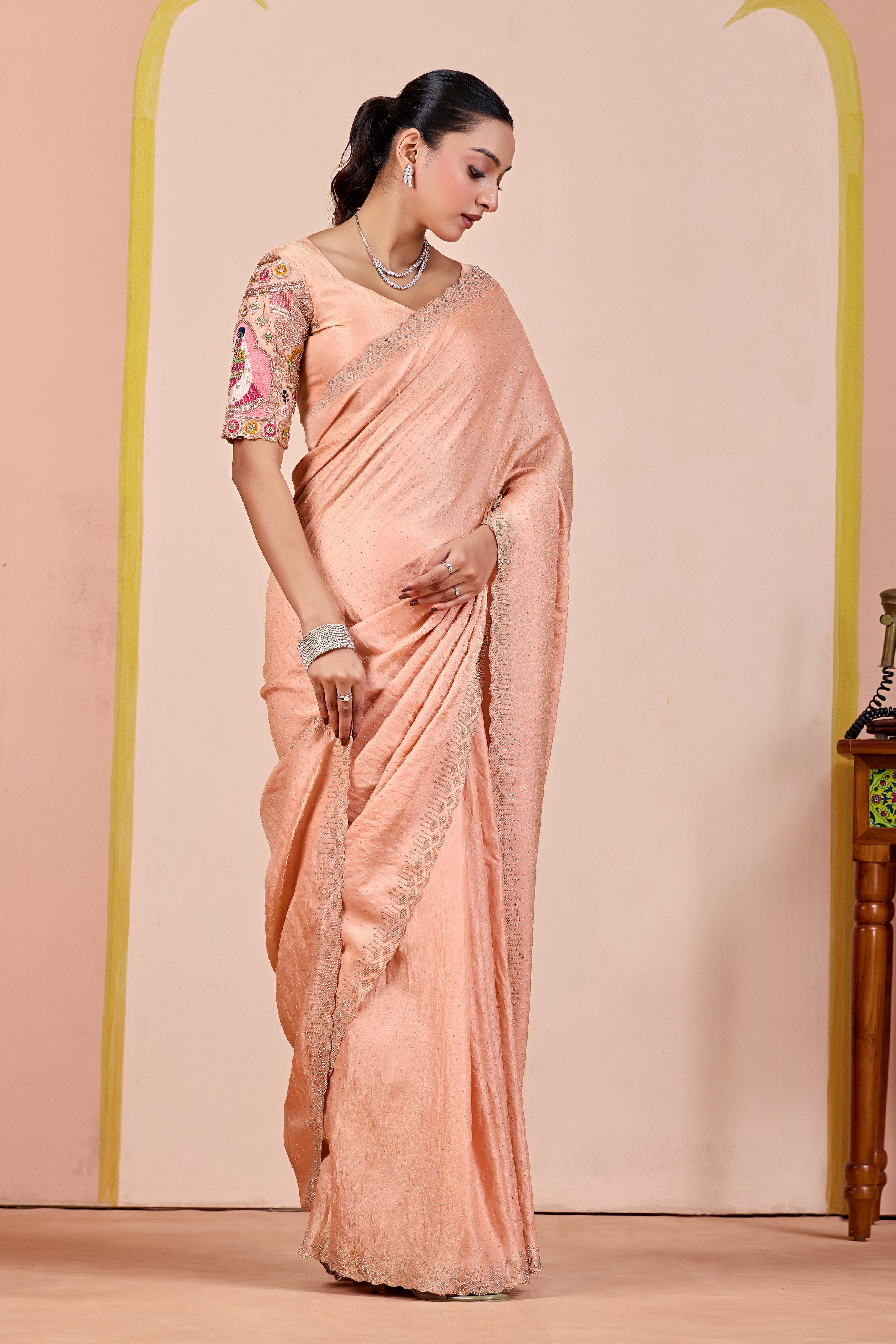 SUDHA Satin Embellished Embroidered Saree - Fanta