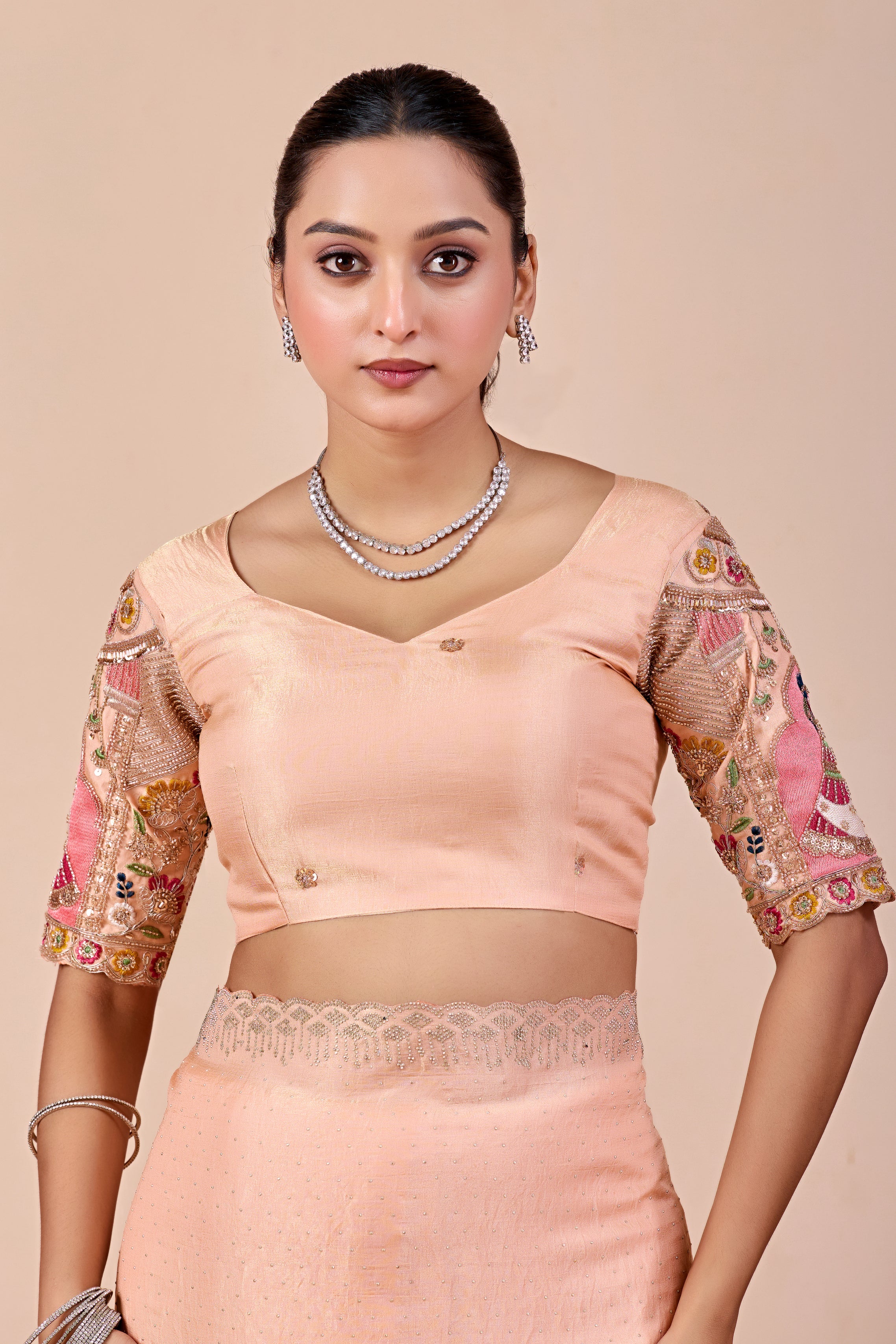 SUDHA Satin Embellished Embroidered Saree - Fanta