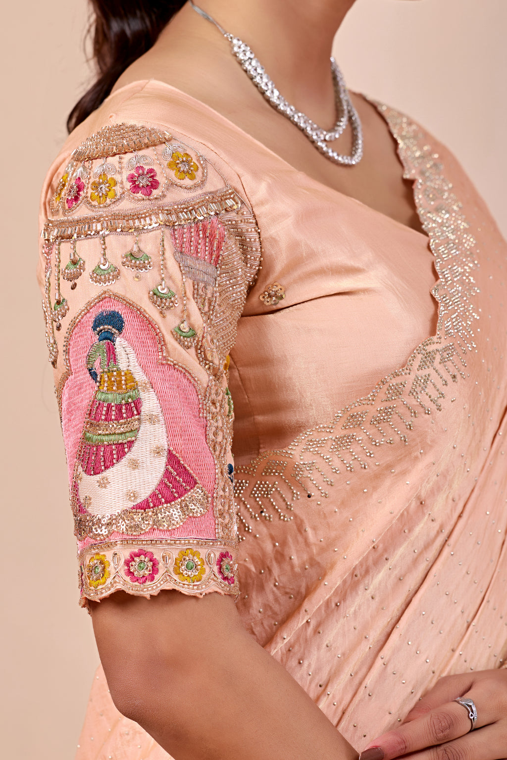 SUDHA Satin Embellished Embroidered Saree - Fanta
