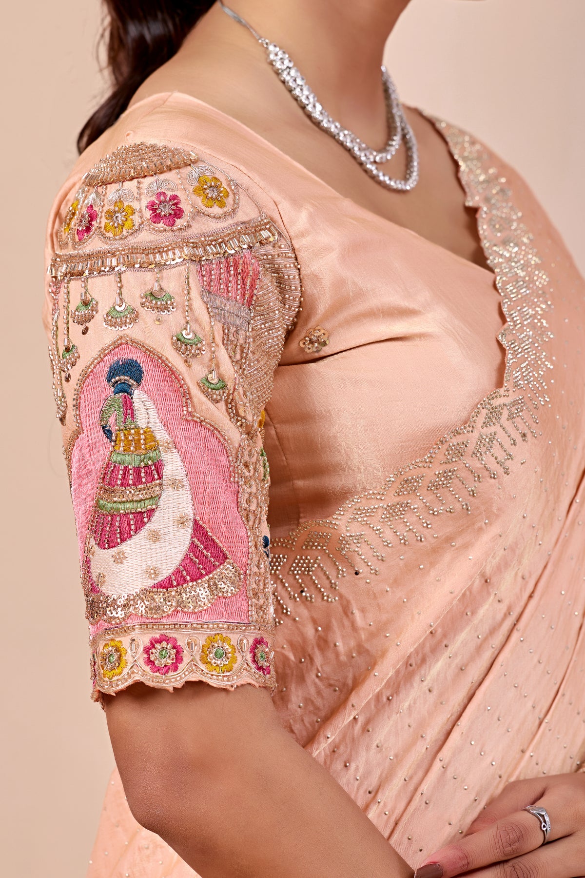 SUDHA Satin Embellished Embroidered Saree - Fanta