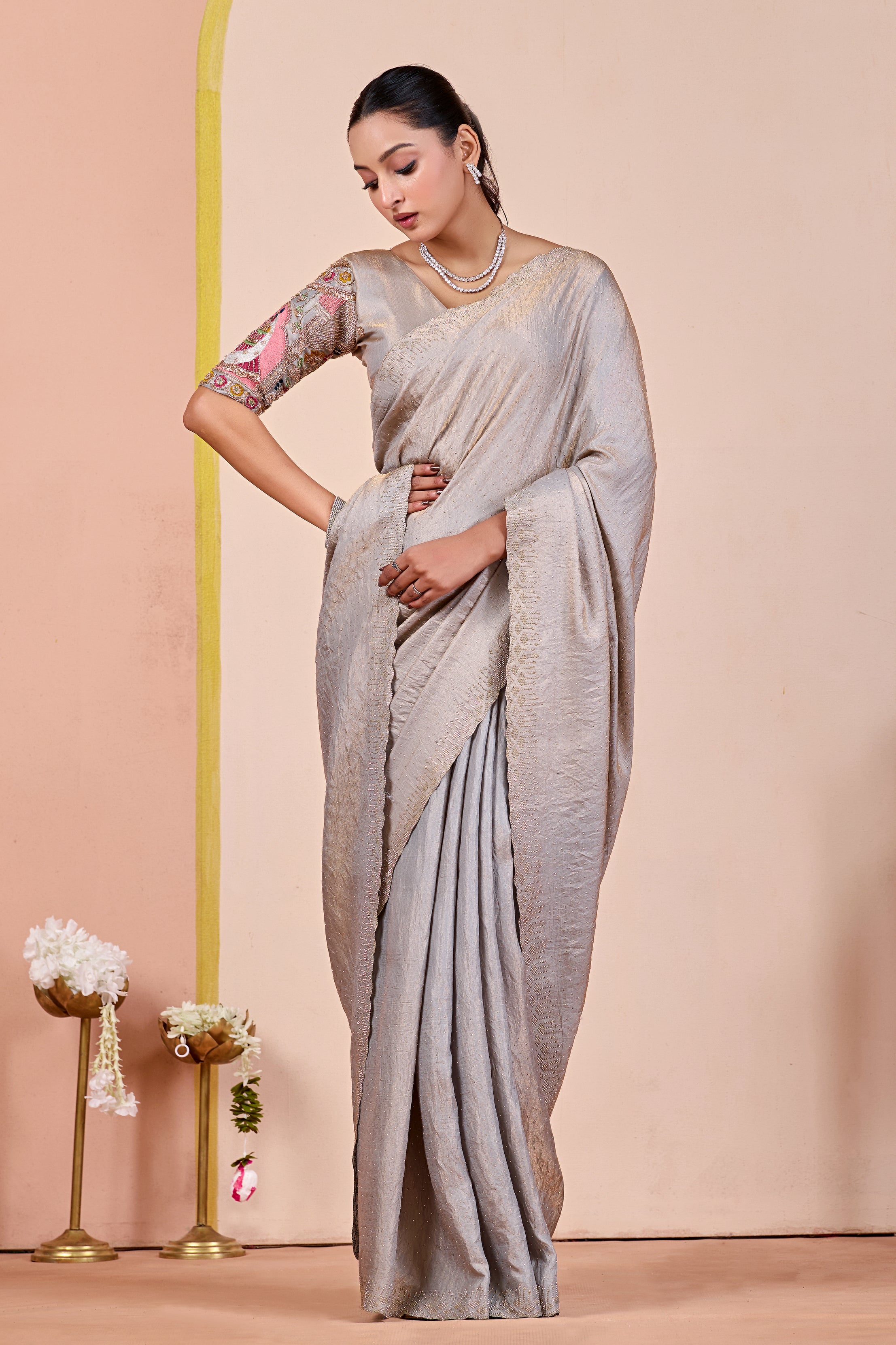 SUDHA Satin Embellished Embroidered Saree - Grey