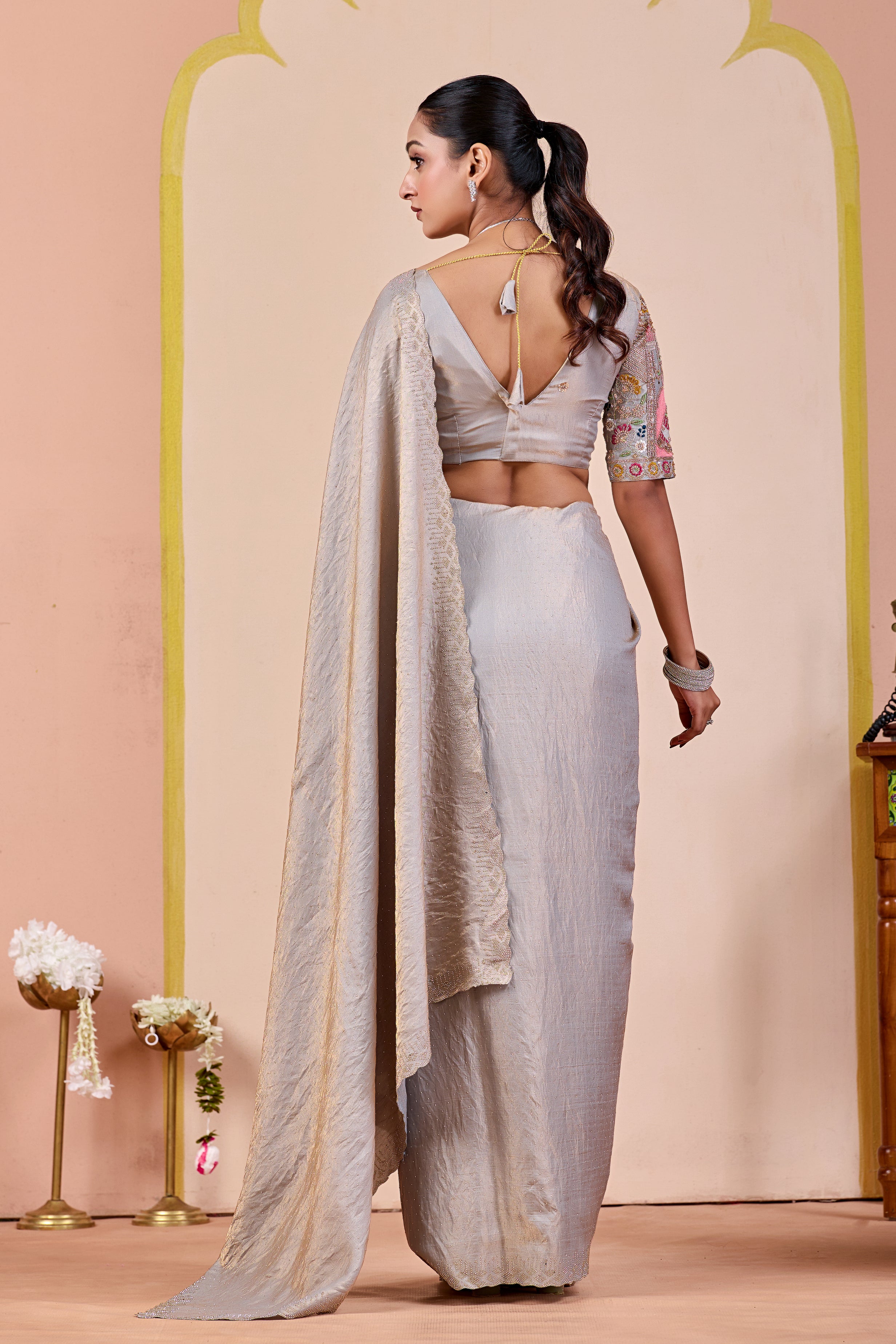 SUDHA Satin Embellished Embroidered Saree - Grey